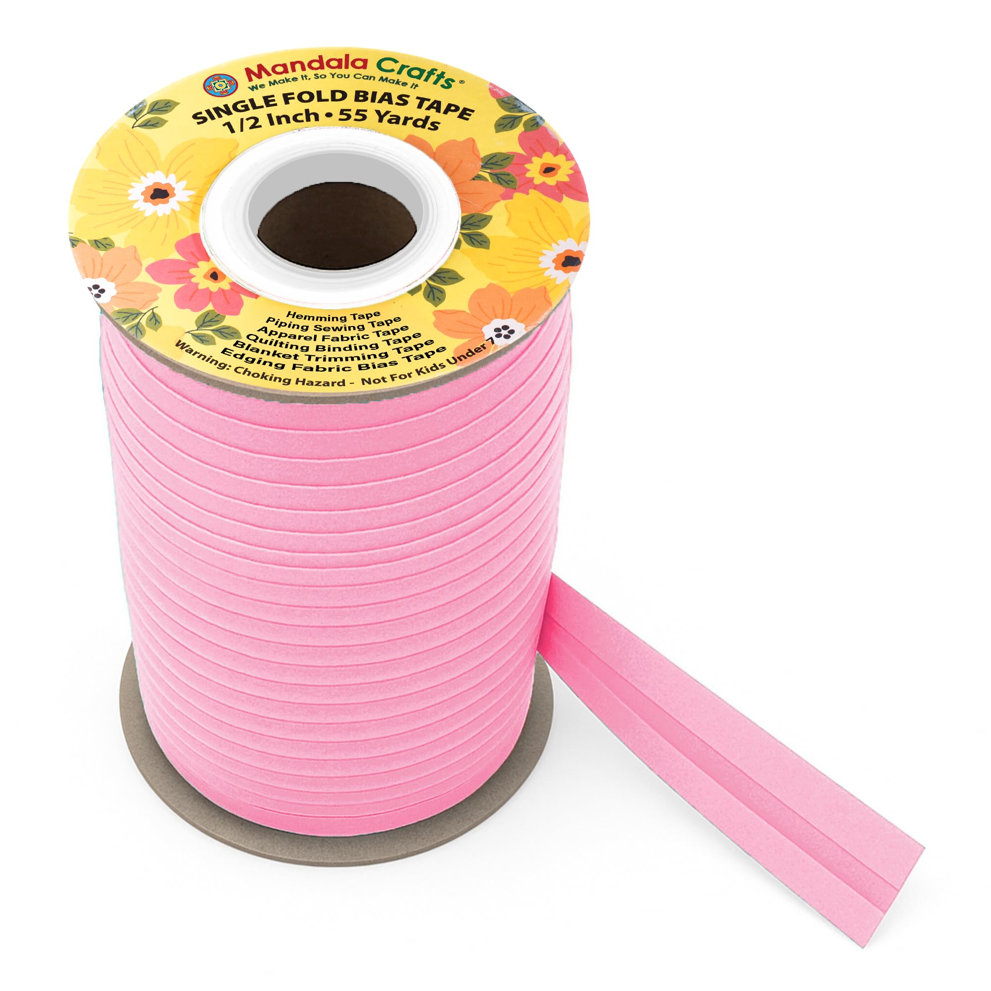 Mandala Crafts 1/2 Inch Single Fold Bias Tape for Sewing, Quilting, Piping, Hemming, Blanket & Quilt Binding – 55 Yards Pink Fabric Seam Binding Tape