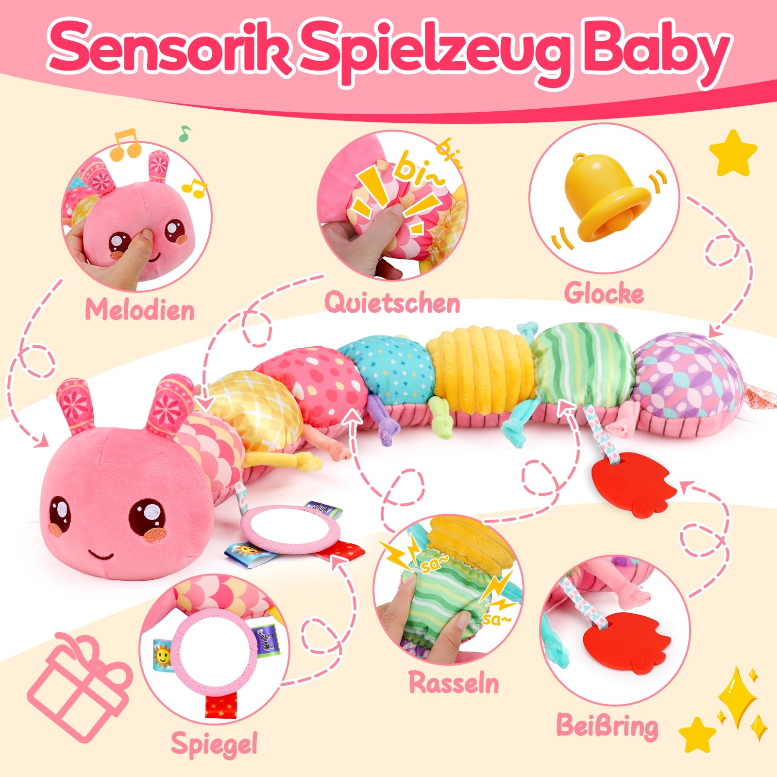 Baby Spielzeug 0 3 6 Monate Raupe Musikspielzeug, Montessori Sensorik SpielzeugBaby Geschenk Mädchen mit Lineal Greifling Rassel Spiegel, Babyspielzeug Neugeborenen Geschenk, Tummy Time Baby Toys