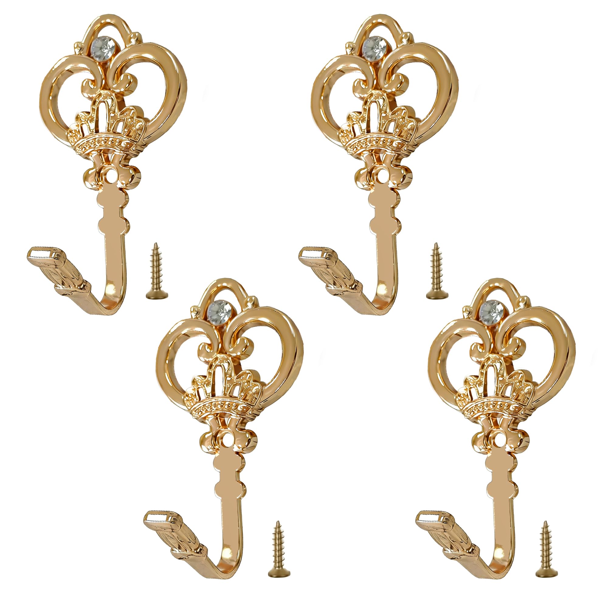 4 Pack Heavy Duty Wall Mounted Coat Hooks & Towel Holder, Crown Drapery Tieback Hooks, Vintage Zinc Alloy Holdbacks, Versatile Hanging Hook for Bathroom Entryway - Gold
