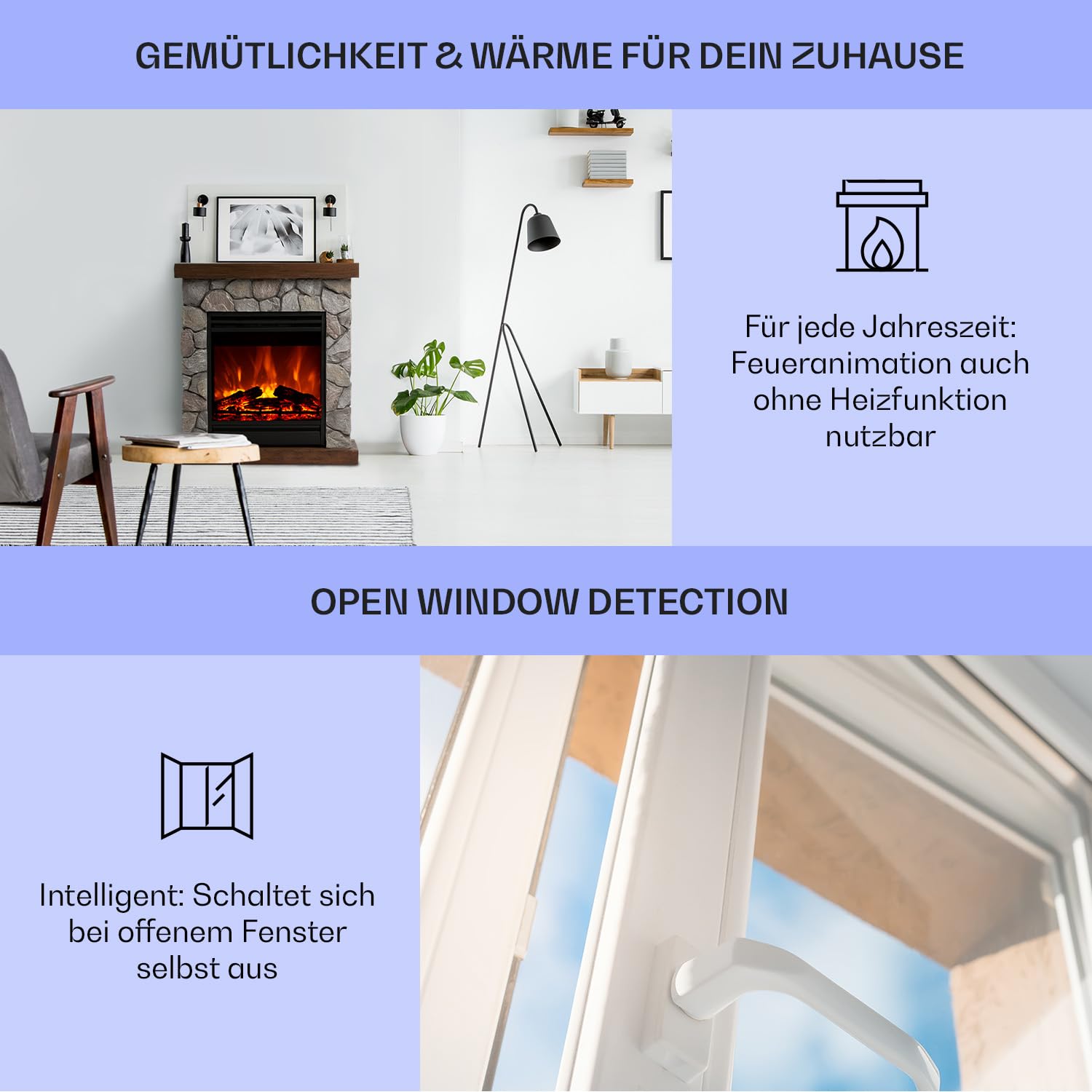 Klarstein Elektrokamin, Elektro Heizungen für Wohnzimmer & Innenräume, Elektrischer Kamin mit LED Flammen, mit Fernbedienung, Elekroofen, Automatische Temperaturregelung,1800 W
