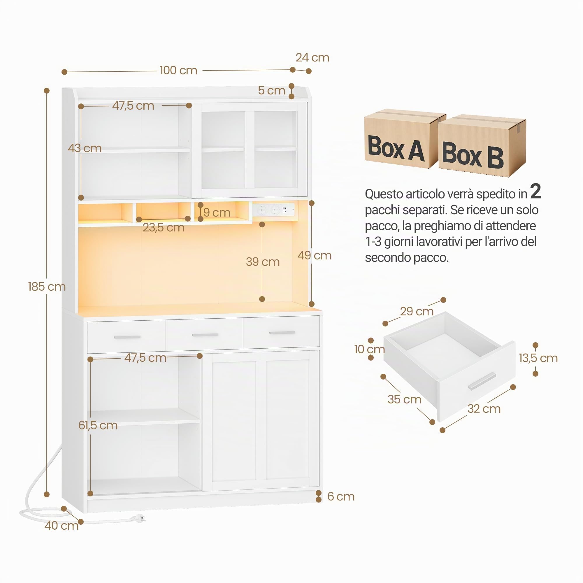 Hzuaneri Credenza Cucina, Mobile Buffet con Illuminazione a Led E Presa Multipla, Piano di Lavoro, 3 Cassetti, Ripiani Regolabili, per Cucina o Sala da Pranzo, 40 x 100 x 185 cm, Bianco 0110203XEU