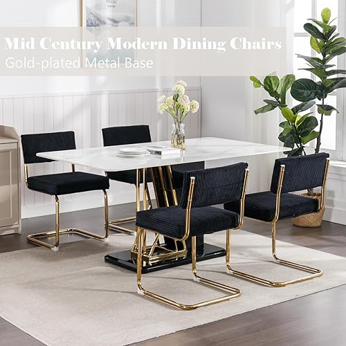 Miniatura 10 de Juego de 4 sillas de comedor modernas de mediados de siglo, sillas de comedor de tela de pana con acolchado de canal y base de metal dorado, silla