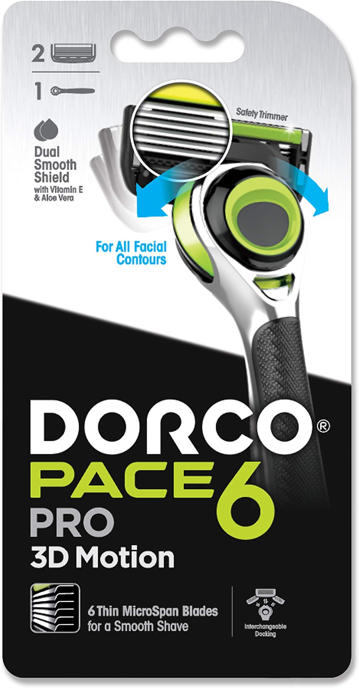 – Pace 6 Pro 3D Motion Men's Razor, 1 Handle + 2 Cartridges, 3D Motion Technology, Pivoting Head, Dual SmoothShield Lubricating Strip,Safe Trimmer and Slim Cartridge,Interchangeable Docking