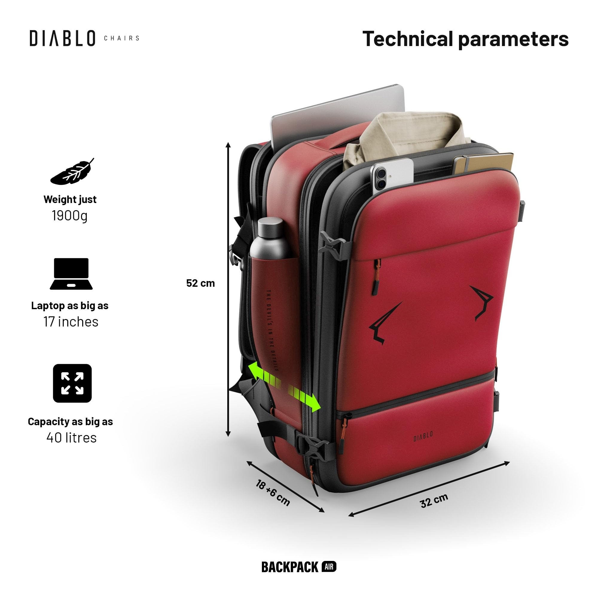 Diablo Chairs Plecak Próżniowy Backpack Air Wodoodporny Plecak Podróżny z Komorą Próżniową Rozszerzającą Pojemność Antywłamaniowy Zamek Kieszeń na Laptopa 32x52x18 cm Czerwony