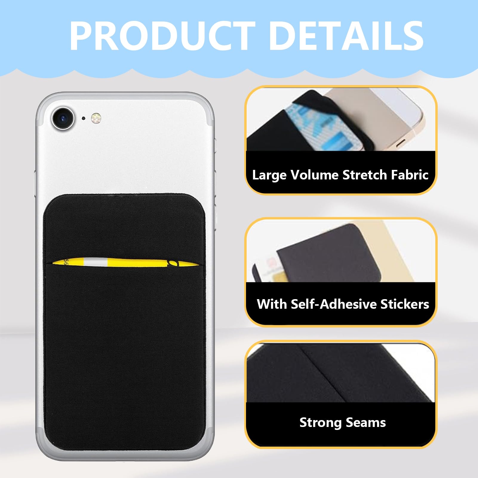 Lot de 3 Porte-Cartes pour Téléphone Portable avec Autocollant Adhésif, Noir