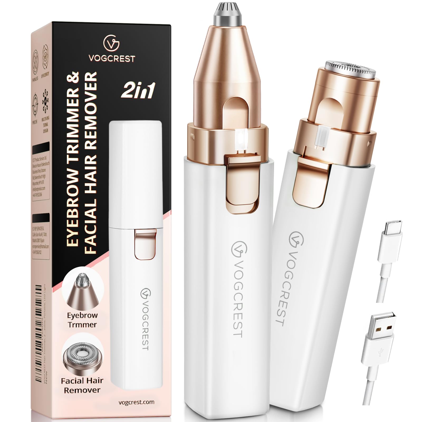 VG VOGCREST Eyebrow - Facial Hair Remover Women: Electric Portable 2 in 1 Face Shaver and Eyebrow Trimmer - Rechargeable Eyebrow Lips Body Facial Hair Removal for Women with Built-in LED Light (White)