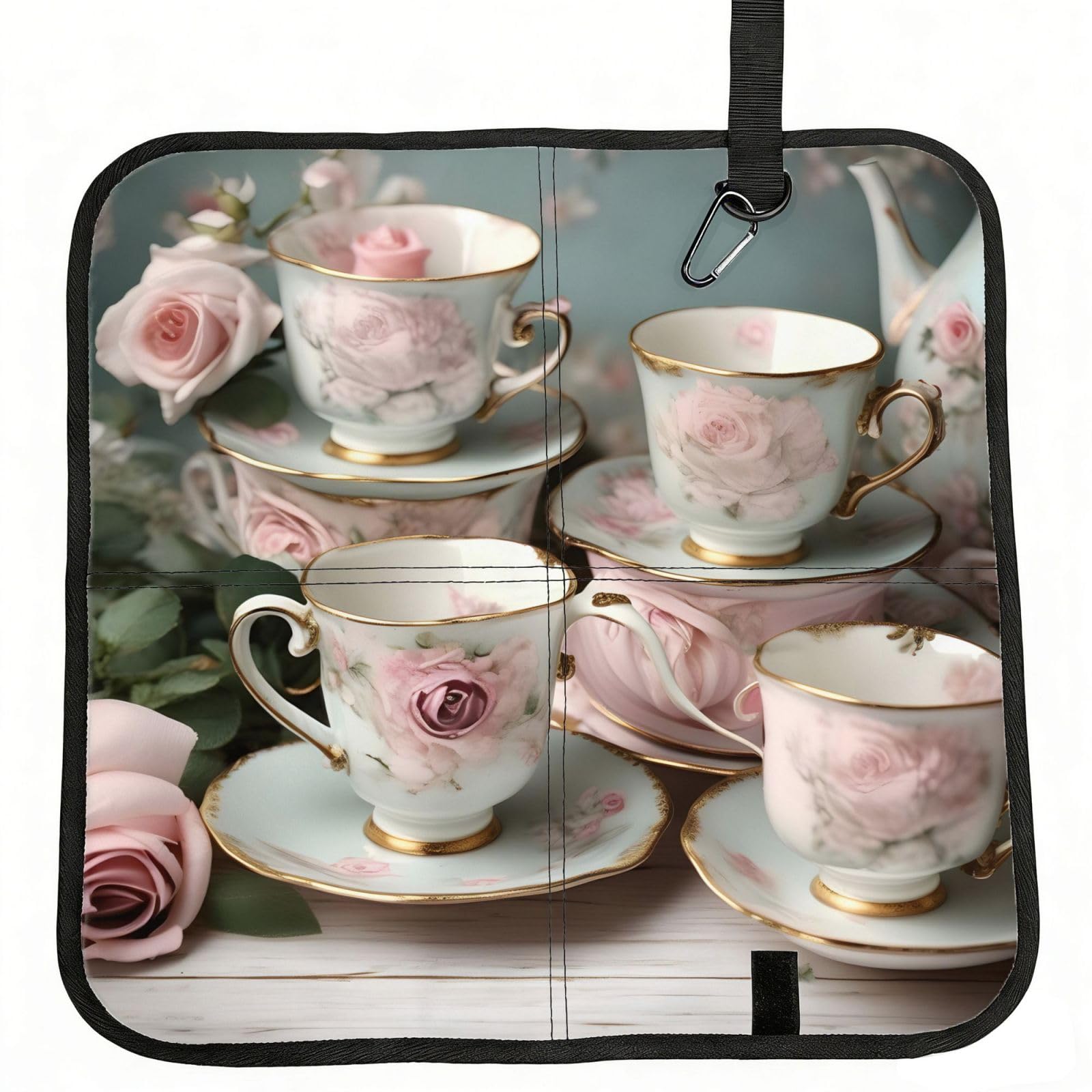 NImongt Tea Cups With Roses Romantic Print Portable Chair Pad Foldable Seat Cushion Outdoor Seating Office Picnic Camping