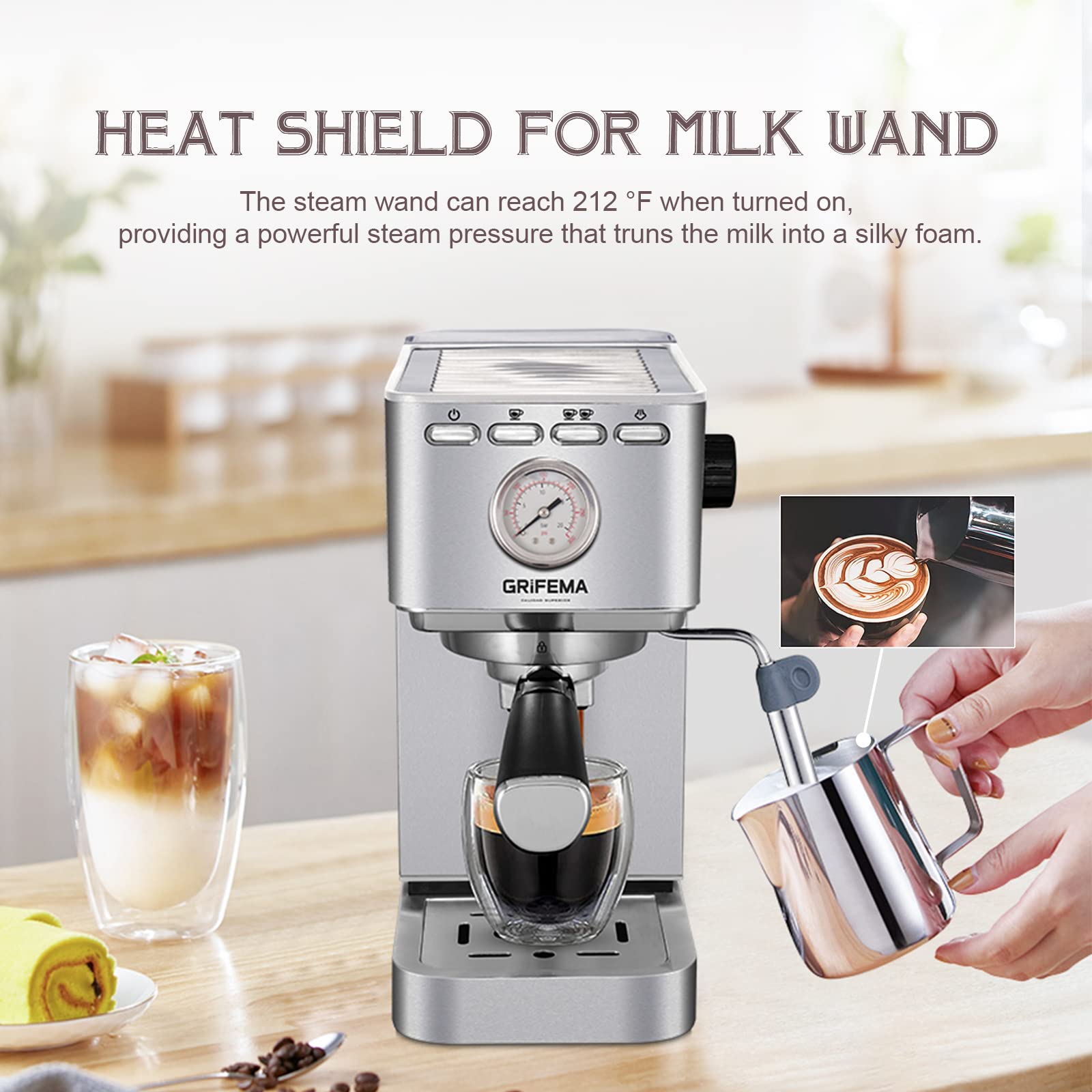 GRIFEMA GC3003 Caffettiera 1.4L, Braccio filtrante con doppia uscita e due filtri, pressione 20 Bar,Caffettiera Elettrica per Espresso e Cappuccino Argento
