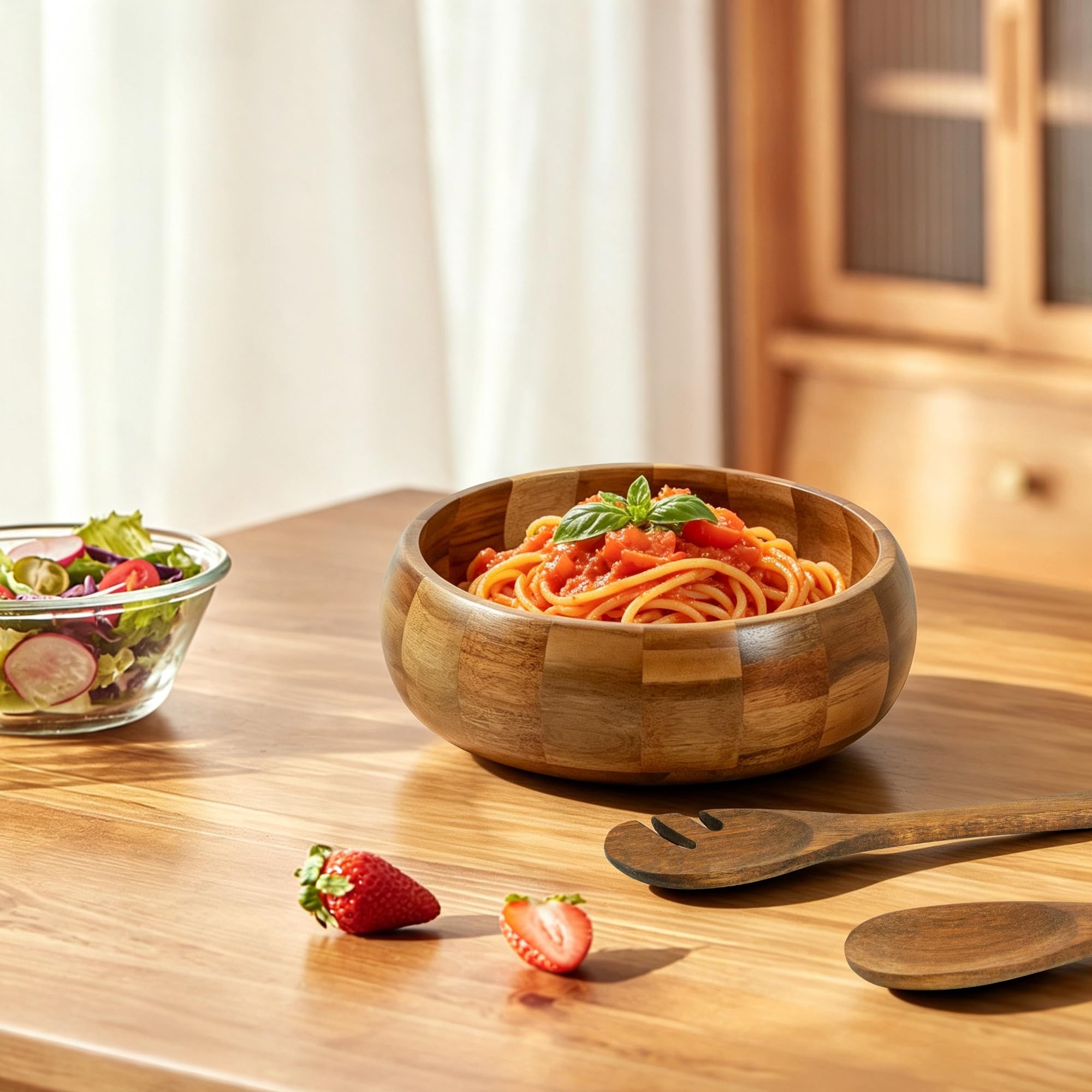 VaeFae Saladier en Bois d'Acacia avec Couverts à Salade | Saladier en Bois de 25,5 cm avec Cuillère et Fourchette Ajourée de 28 cm pour Mélanger et Servir
