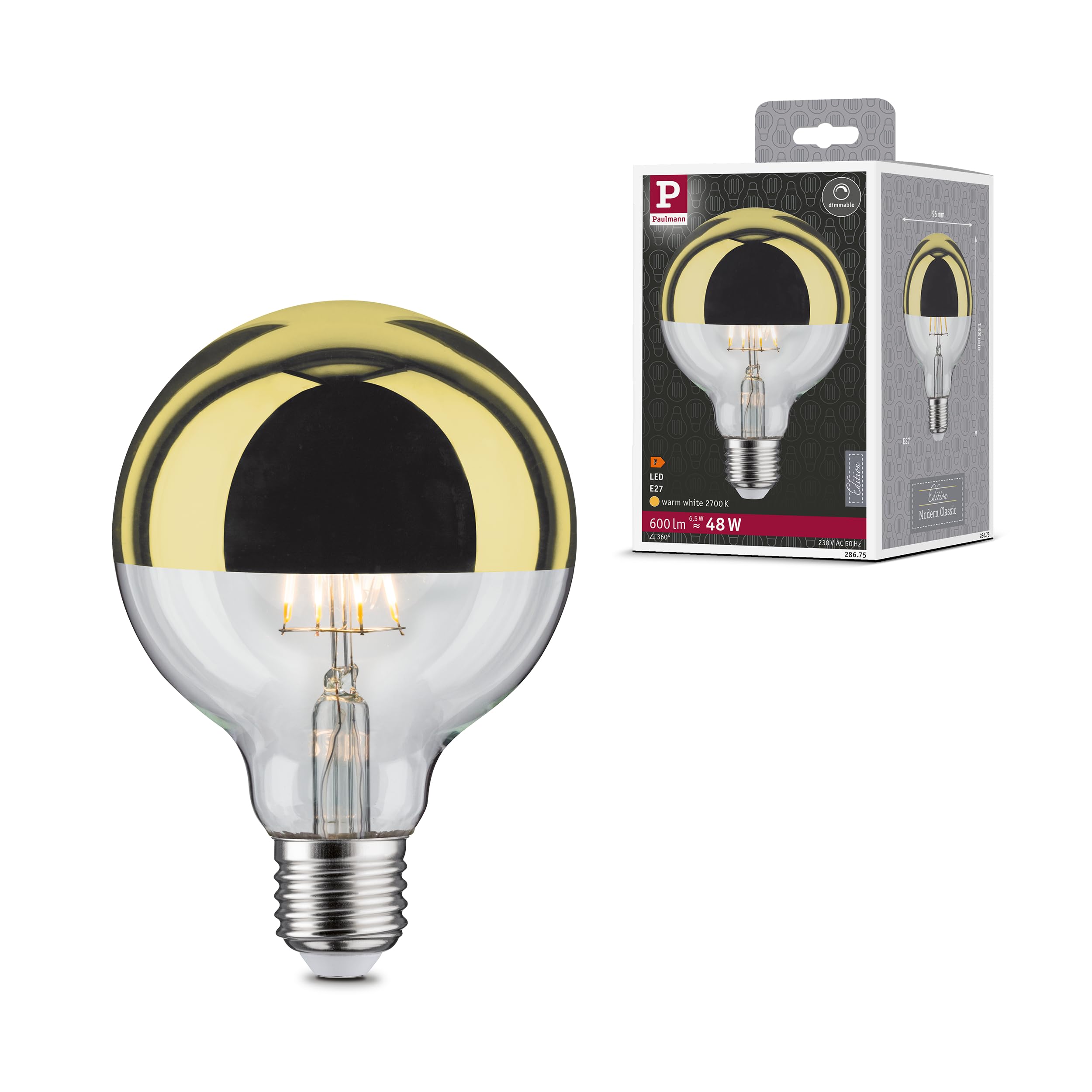 Paulmann 28675 LED Filament lamp G95 6 watts lamp Crown Mirror Gold 2700 K Warm White dimmable E27