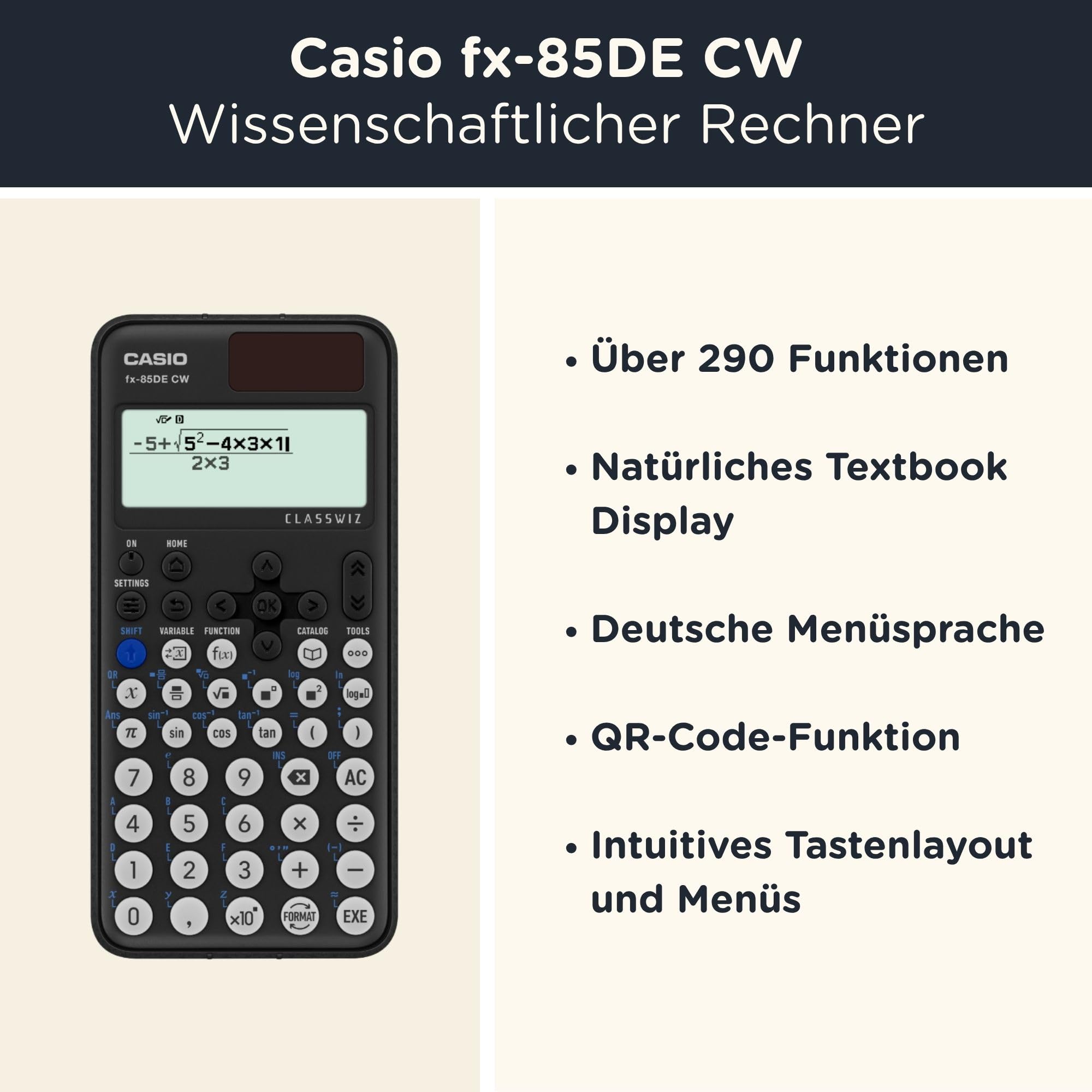 Casio fx-85DE CW ClassWiz inkl. WYNGS Schutztasche Schwarz - Wissenschaftlicher Taschenrechner - Basic Set