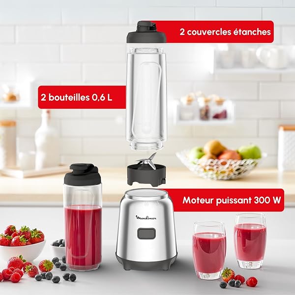 Moulinex Mix & Move Blender mixeur, 300W, Capacité utile 0,6 L, 2 bouteilles à emporter en Tritan, Compact, Ergonomique, Lames amovibles LM15FD10, Métal - 5