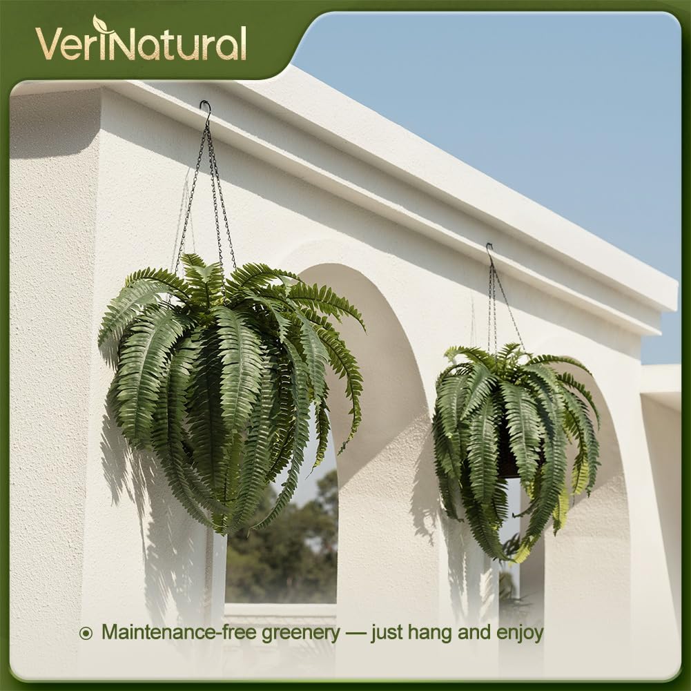 48" Artificial Boston Fern Hanging Plants with Basket - UV Resistant Fake Plant for Outdoor Indoor - Large Realistic Faux Greenery for Front Porch, Front Door, Patio Decor, Set of 1, VN142