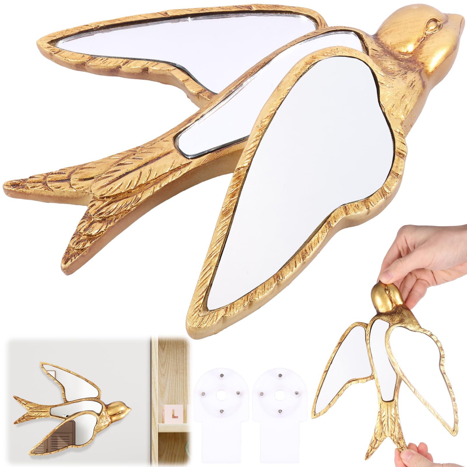 Ghshanog Swallow Decorative Insects Mirrors,Resin Insect Themed Wall Mirror, Gold Glass Wall Decor, Creative Home Decoration For Bedroom Tabletop Balcony Corridor Victorian And European Themed Homes(Swallow)