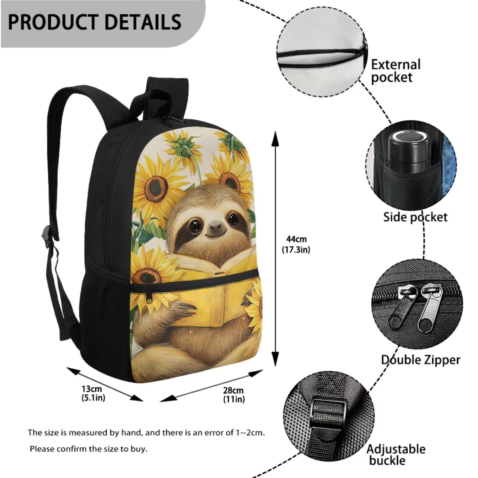 Rucksack 4-teiliges Set Scool Büchertasche mit Lunchbox, Federmäppchen, Schlüsselanhänger für Grundschulkinder, Kinder, Schultaschen, Sonnenblumen-Faultier, Kinderrucksack