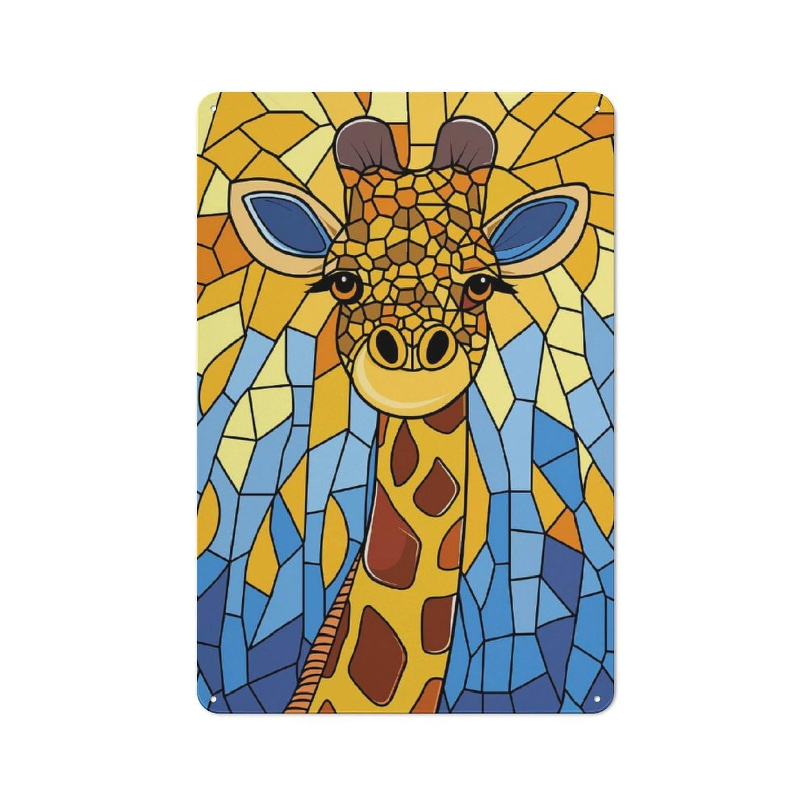 Junmoney Style For Lounge Or Reading Corner, Stained Glass Giraffe Portrait Rustic Metal Sign 30X20cm, For Vintage Wall Decor Fans, For Themed Room Decoration