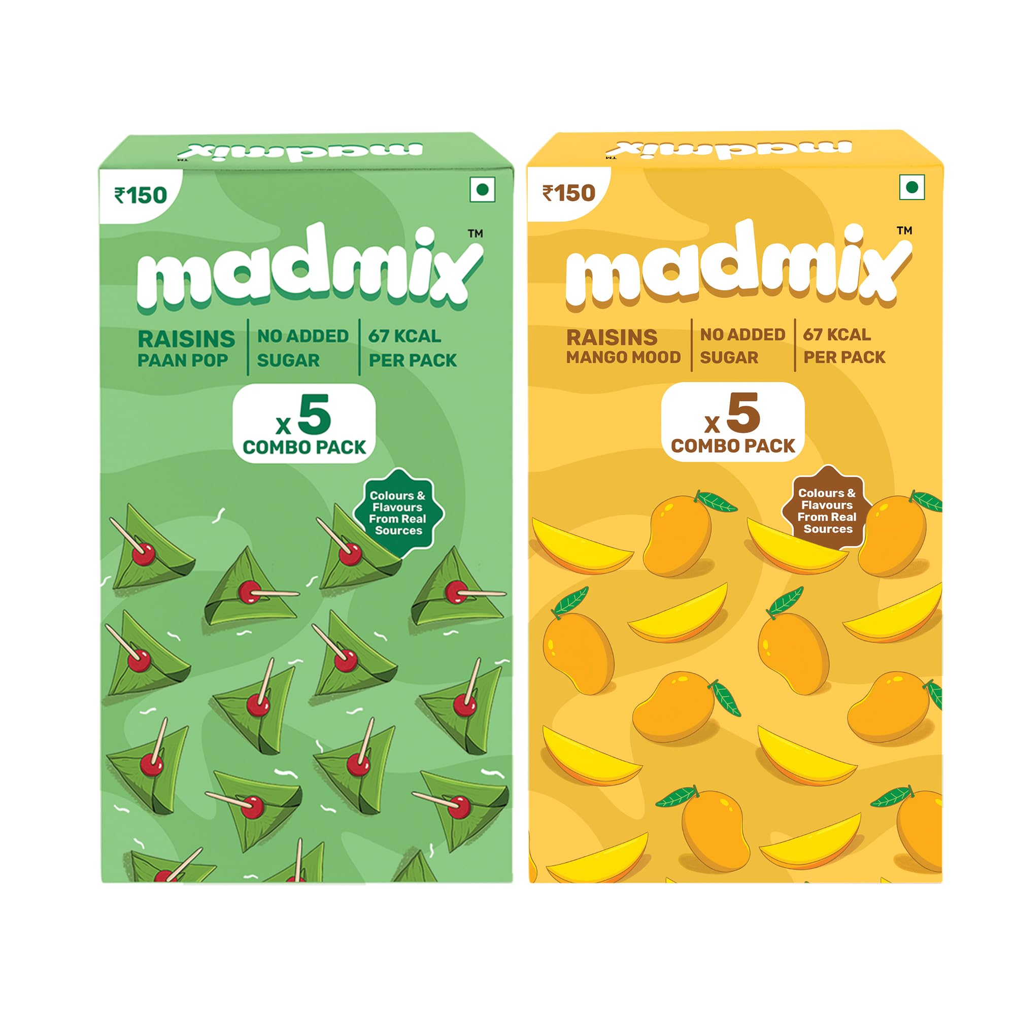 Madmix Assorted Raisins Combo: Paan and Mango | Authentic Mango and Paan Mukhwas | No added Sugar, Low Calorie | Vegan and Natural Dessert | Sweets for Kids| Pocket Paan | Premiun Raisins | Mouth Freshner | 2 Flavour*5 Pack each*15g