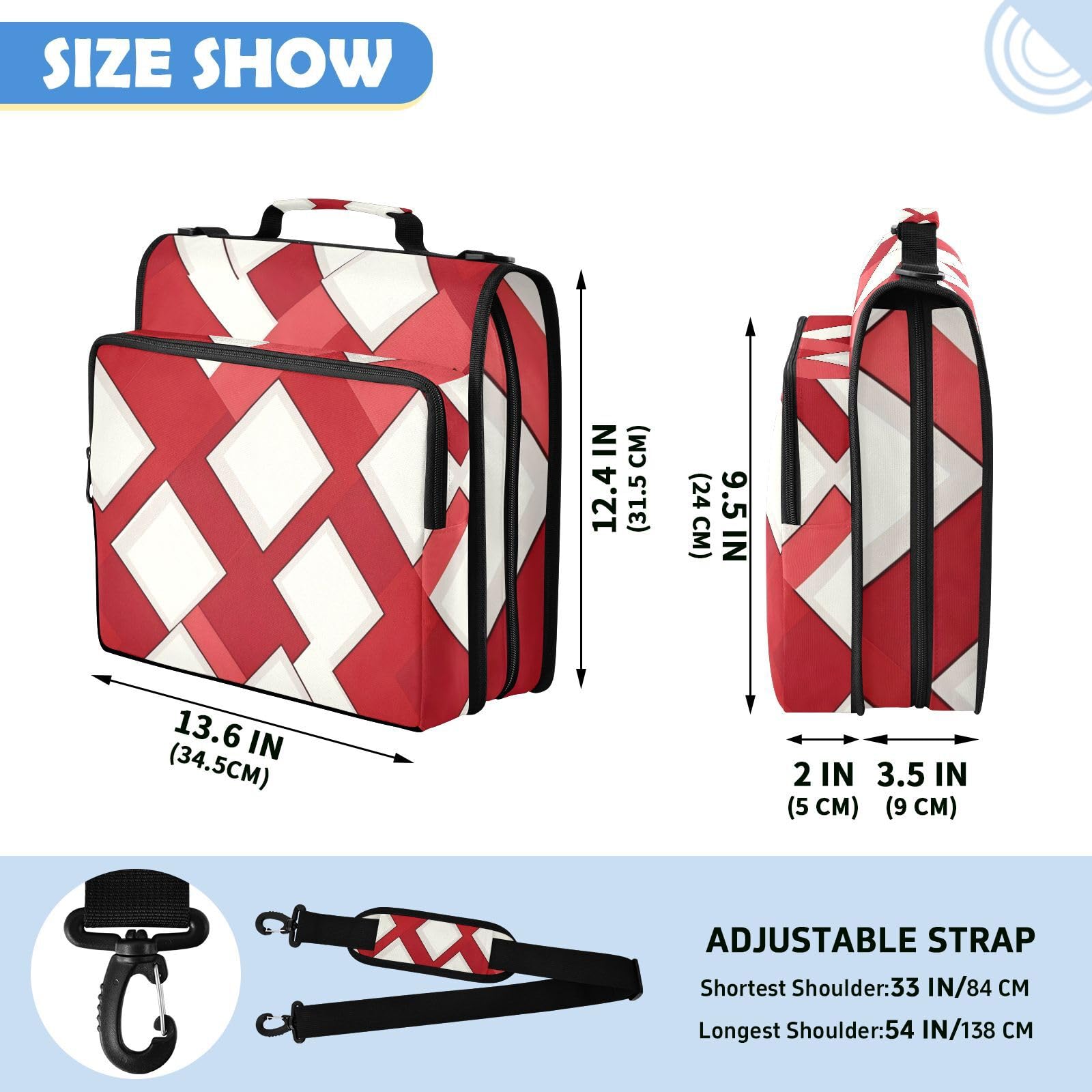 Ringbuchtasche mit Reißverschluss, kariert, Rot / Weiß