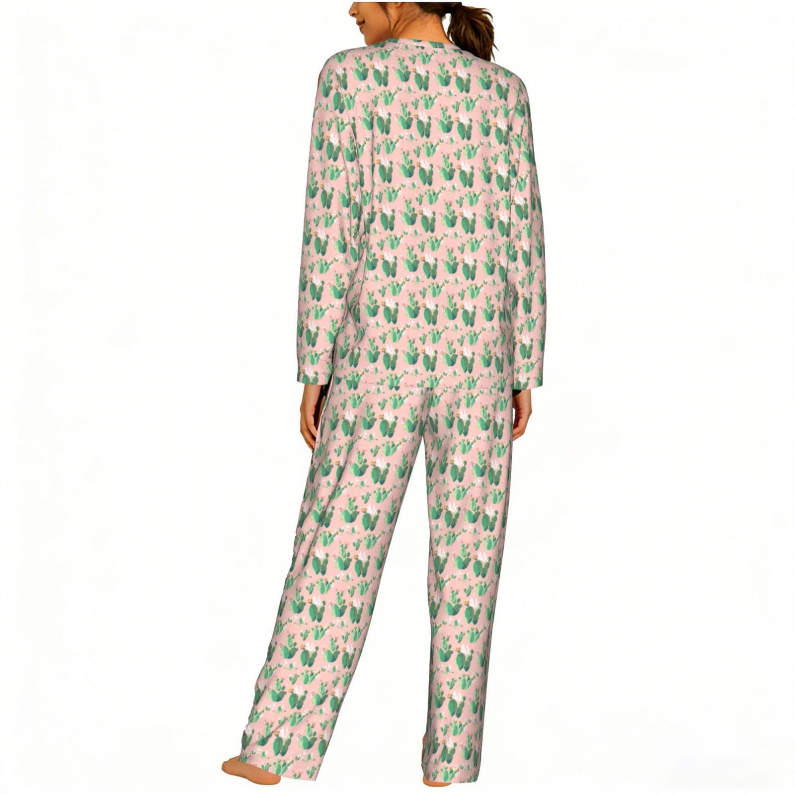 Pigiama da donna a maniche lunghe con stampa di cactus tropicali, morbido, da spiaggia, vacanze, biancheria da notte, regalo casual