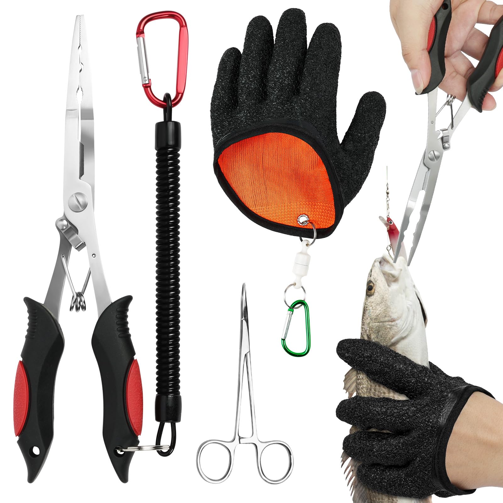 ABOHU Portable Fishing Pliers Set with Lanyard, 4 Pcs Fish Hook Removal Kit with Cut-Resistant Gloves, Stainless Steel Curved Forceps with Locking Ratchet for Sea River Fishing Tackle Accessories