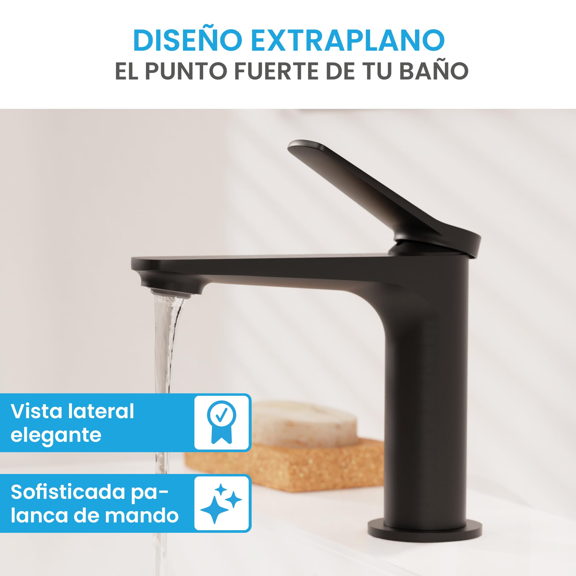 Bächlein Grifo de baño Aldeya en diseño moderno, monomando con cartucho de cerámica duradero y kit de montaje, grifo de baño negro mate