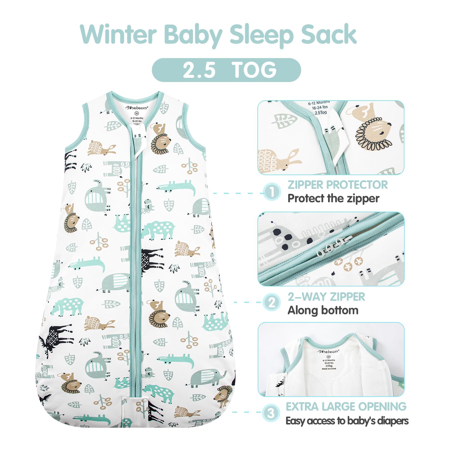 Mosebears Sacco nanna invernale per bambini, 2,5 tog, 100% cotone, disponibile in diverse misure dalla nascita all'età di 24 mesi (blu zoo, 0-6 mesi)