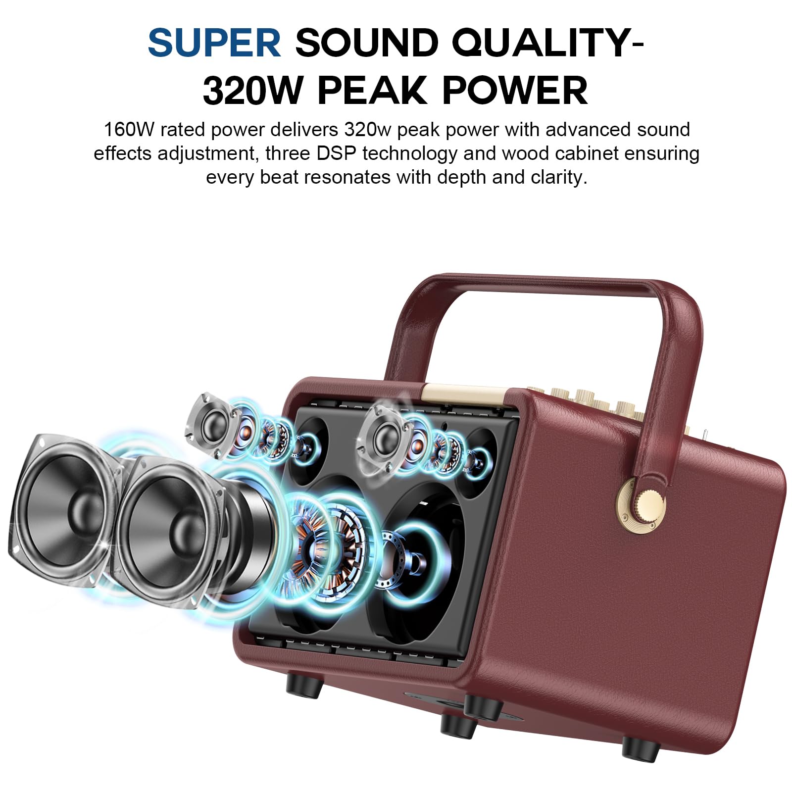 320W Potenza di Picco Macchina per Karaoke per Sistema di Cassa Portatile Bluetooth Regolazione Bassi/Acuti con 2 Microfoni Wireless UHF per Feste a Casa, Matrimoni, Eventi All'aperto