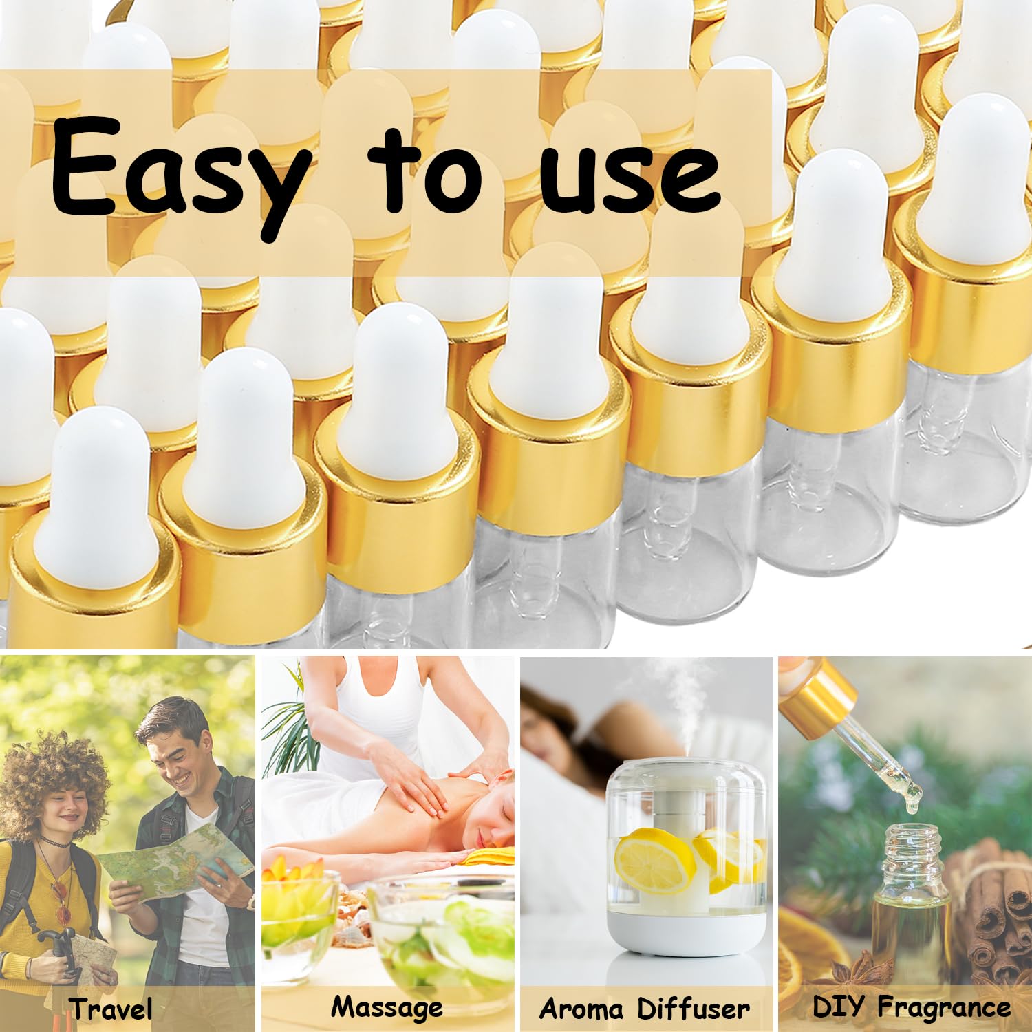 50 szt. mini szklanych buteleczek z kroplomierzem 2 ml – złote zakrętki, idealne na nalewki, olejki eteryczne, perfumy i płyny – z pipetą i lejkiem