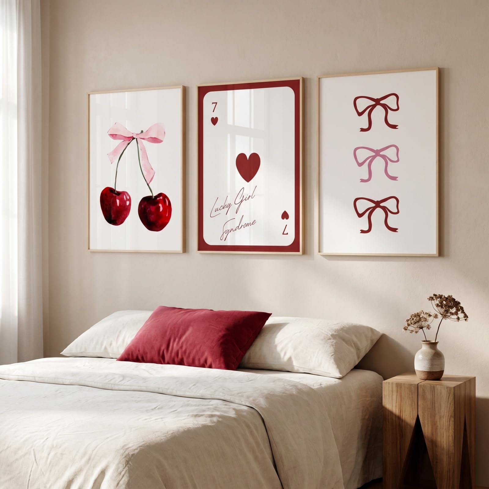 JORCEDI Coquette Canvas Wall Art Set of 3, Lucky Girl Syndrome Playing Card Cherry Bow Posters Prints, Preppy Aesthetic Girls Room Decor, 21x30-50x70cm, Unframed (40x50 cm,A)