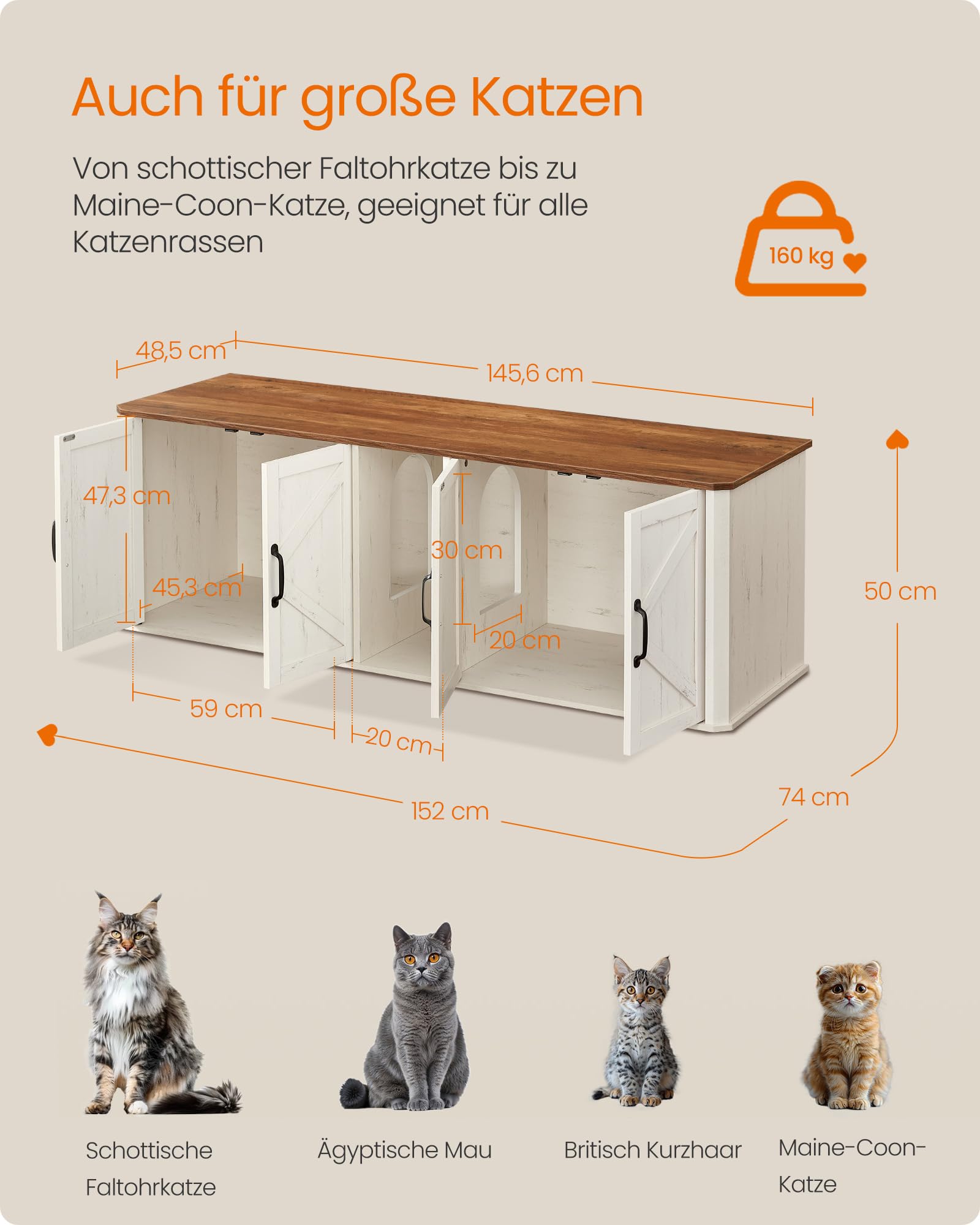 Feandrea Katzenklo-Schrank, Moderne Katzentoilette, Katzenhaus, Vordereingang, Beistelltisch, TV-Schrank, 145,6 x 48,5 x 50 cm, honigbraun-vintageweiß PCL010K01