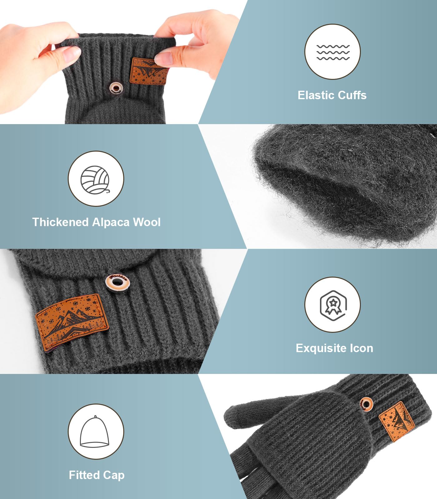 CHENMEI Guanti Invernali in Lana per Donna Uomo - Guanti Invernali Mezze Dita,Guanti a Dita Convertibili,Guanti Senza Dita con Pile di Alpaca,per Attività Invernali per Uomo e Donna