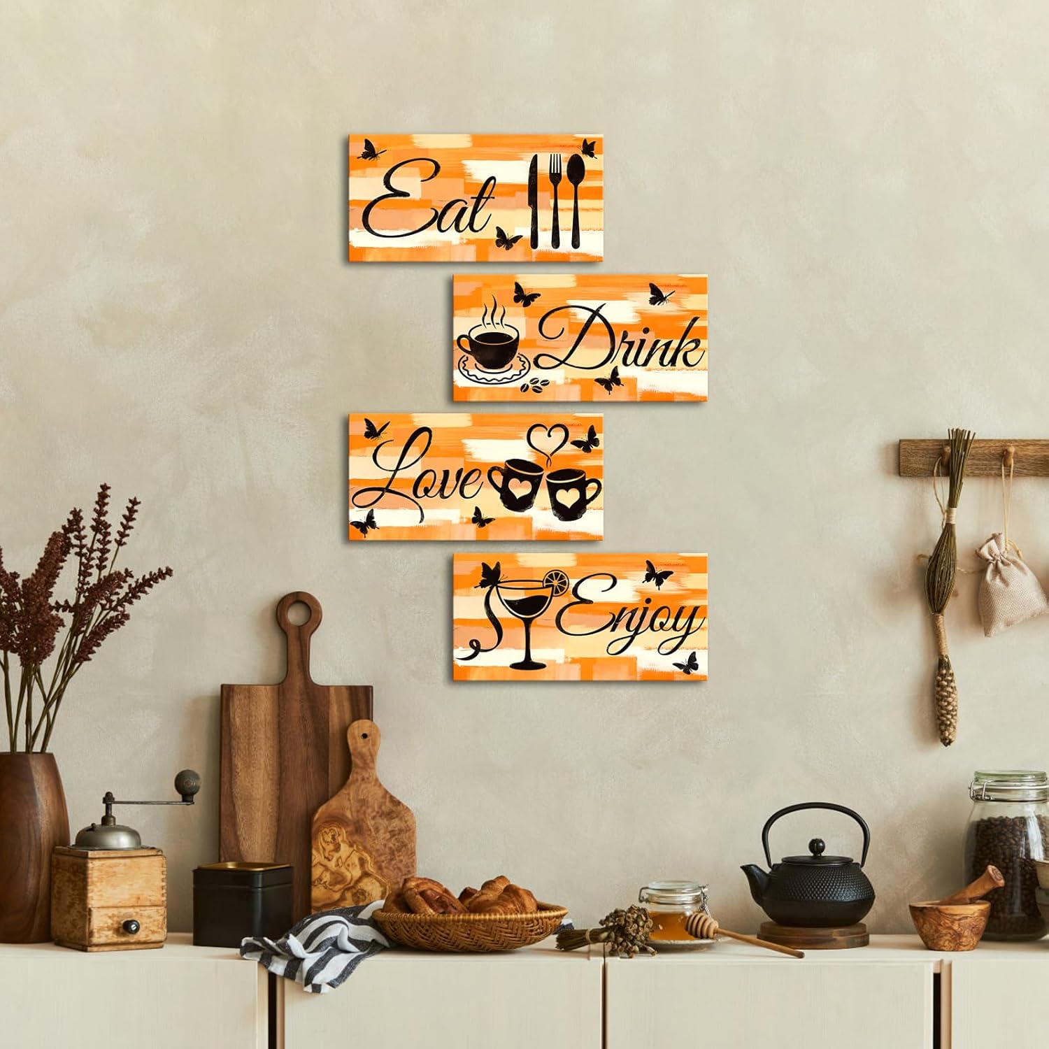 FuShvre Orange Kitchen Wall Art Eat Drink Love Enjoy Wall Decor Kitchen Pictures Canvas Prints Dining Room Decor with Butterfly Design 8x16 inches each Framed (Orange)