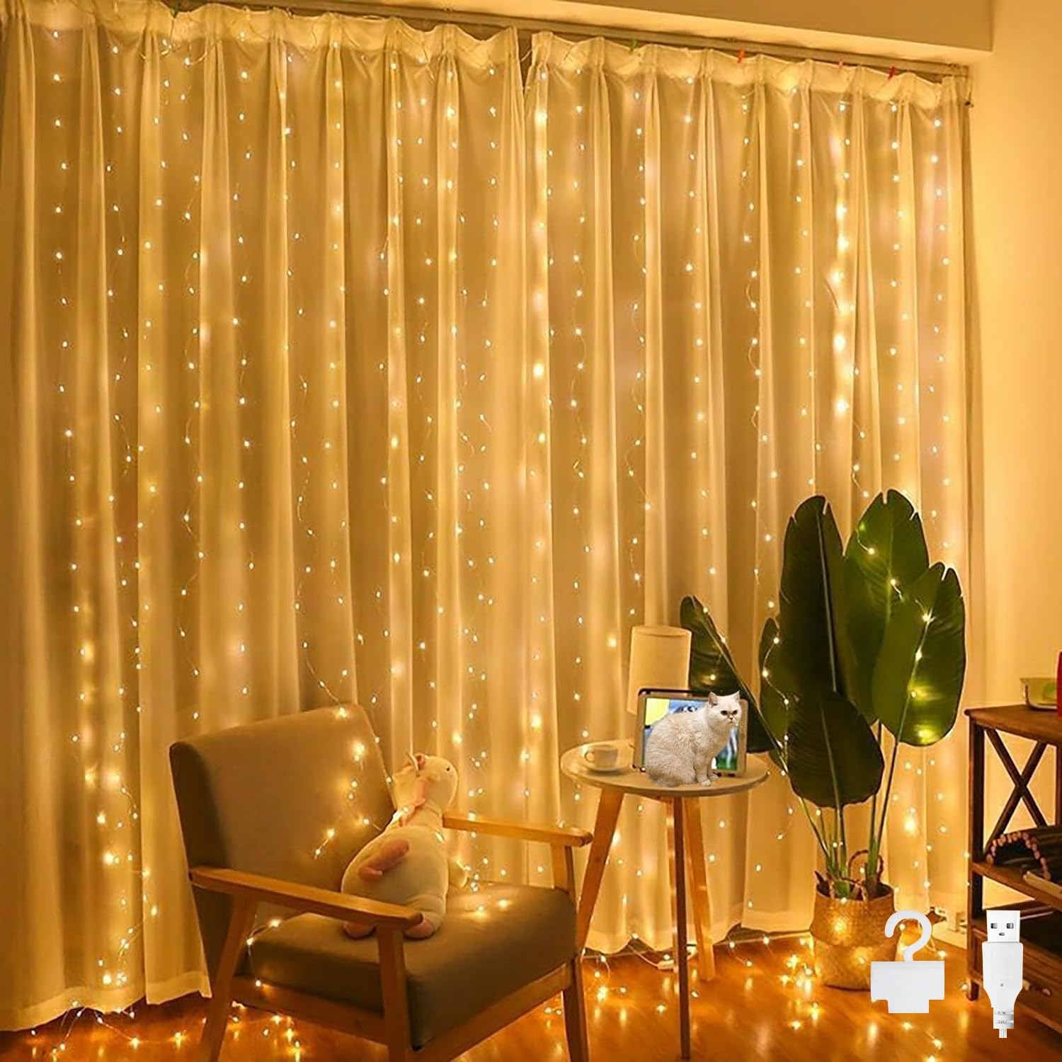 Cortina de Luces de Hada,Cortina de Luz Interior Exterior 2x2m Luces de Hada Interior 200 LEDs IP65 Impermeable Cortina de Luces de Hada con 10 Ganchos para el Día de San Valentín(Blanco Cálido)