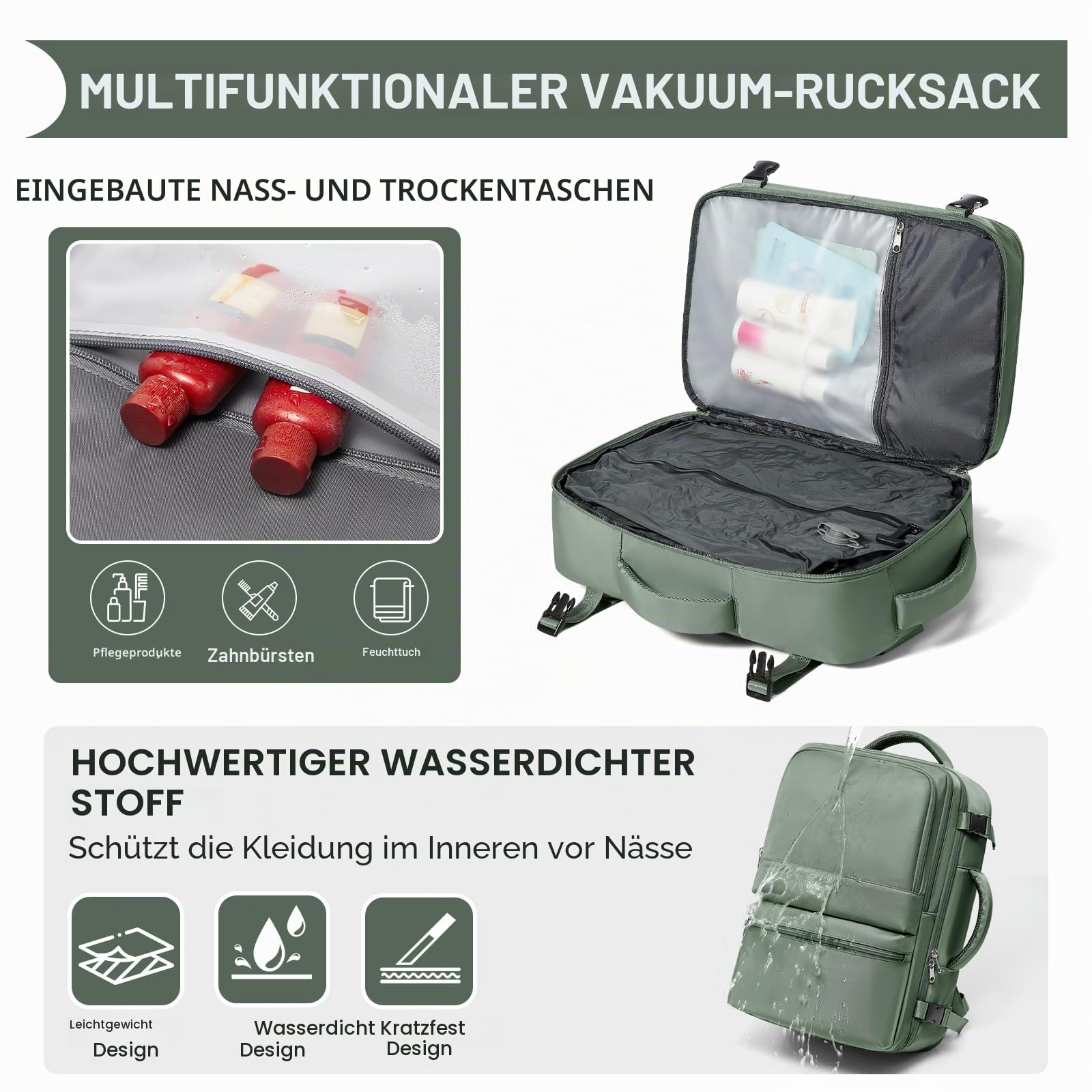 Vakuum Rucksack 40x30x20 mit Pumpe Ryanair Handgepäck 40x30x20 Rucksack Handgepäck Flugzeug Reiserucksack Vakuum Mit Vakuumsystem Damen Herren Grün