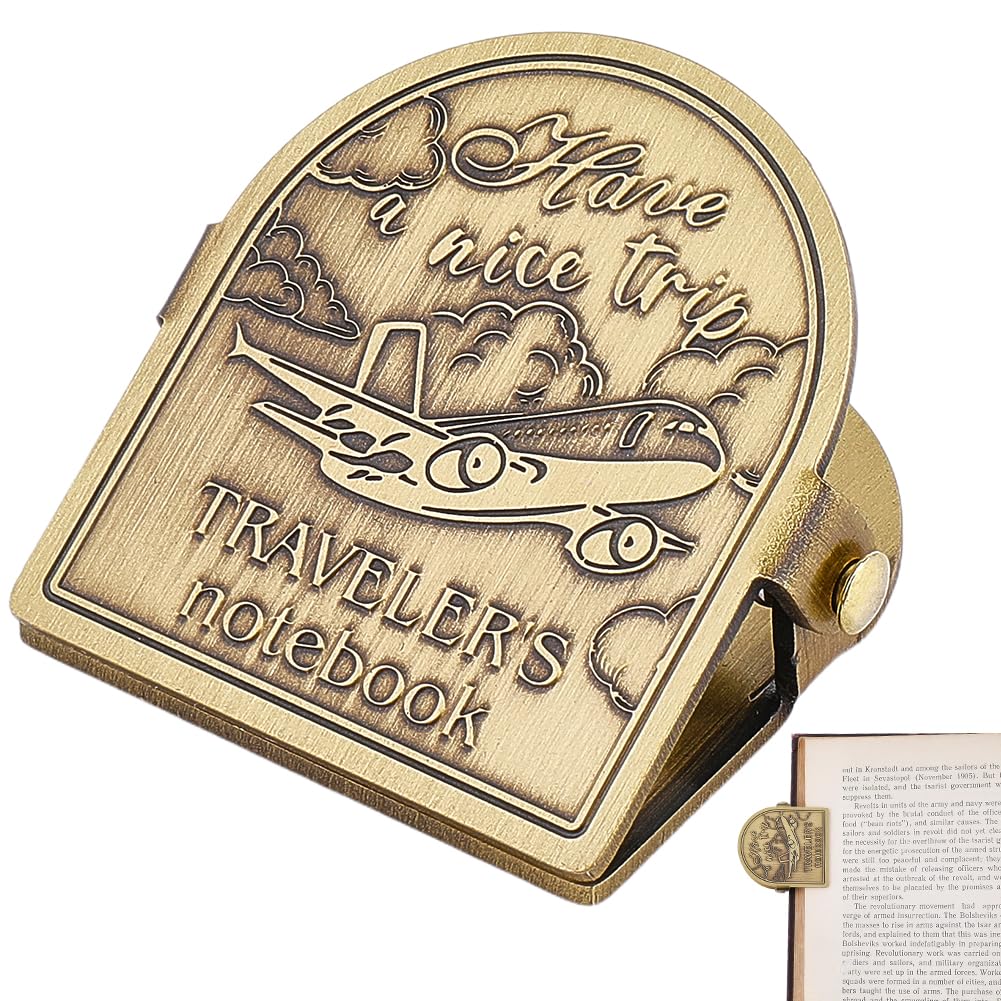 CRASPIRE Travelers Airplane Journal Cilp Vintage Words Blessing Trip Metal Book Clips Notebook Gold Decorative Page Binder Clamp File Holder Bookmark for Planner TN Art Documents Reading Accessory