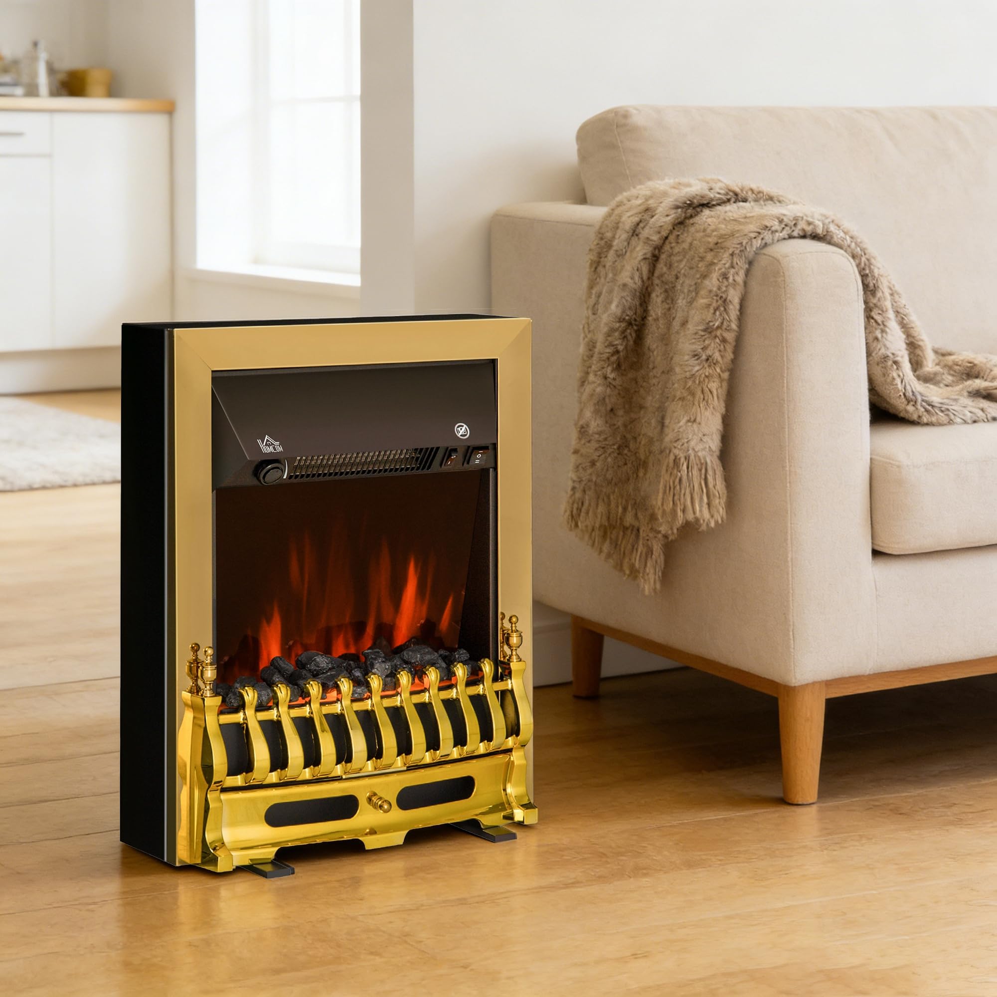 HOMCOM Camino Elettrico da Terra 1000/2000 W, Effetto Fiamma LED, Oro | Caminetto Elettrico, Protezione da Surriscaldamento e Ribaltamento, Riscaldamento Regolabile