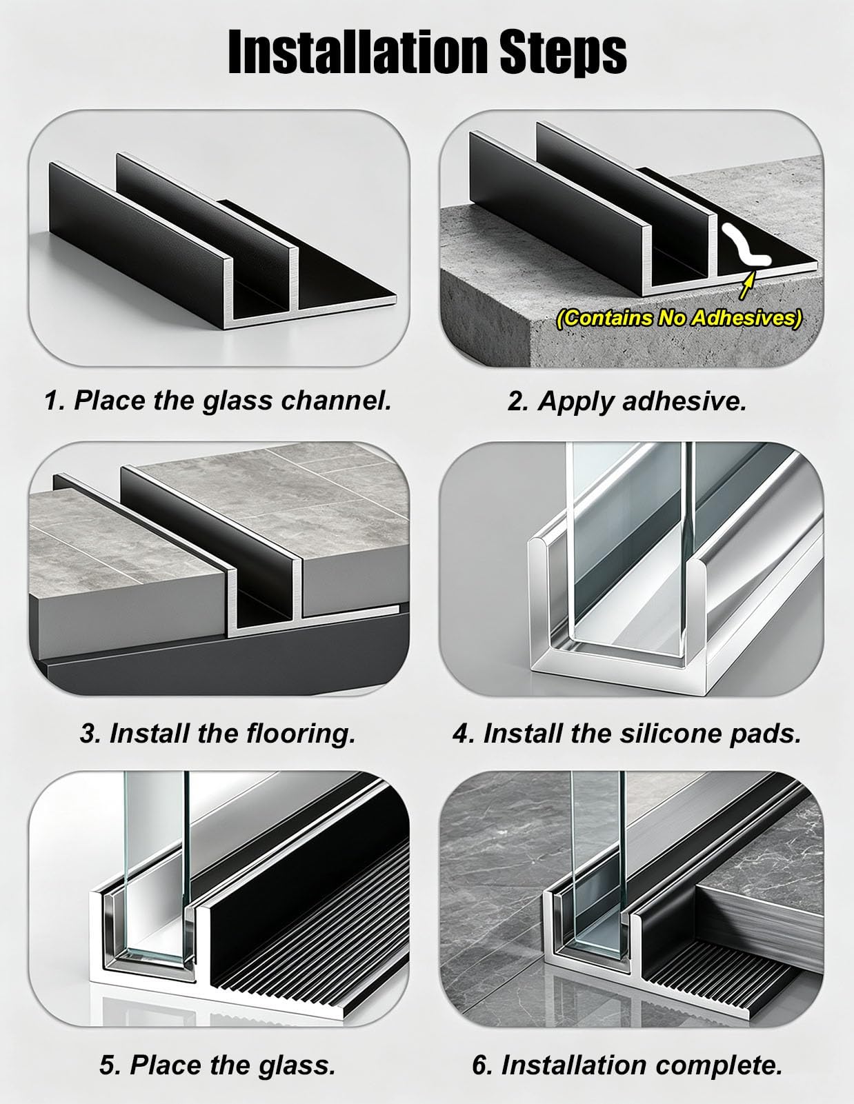 Perfil Aluminio Carril de Vidrio En Forma de U Con Tira de Sellado | Canaleta para Puerta de Baño Resistente a La Corrosión, Canaleta En U Profunda para Ducha de Vidrio Mate, Montaje En Pared