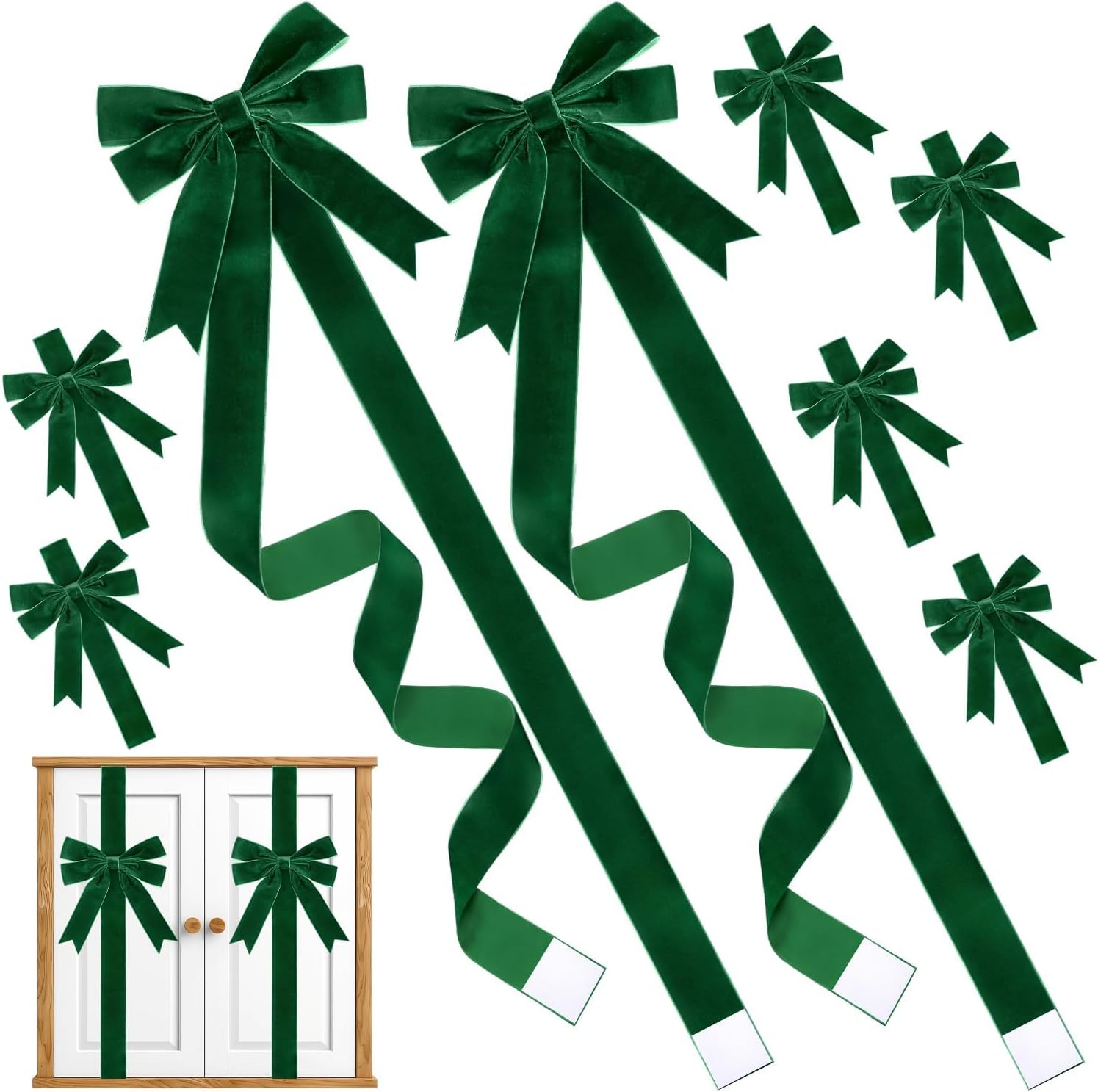 6Pcs Christmas Velvet Cabinet Ribbons Bows Decorations Large Knob Covers Easy to Install Kitchen Cabinet Door Ribbon and Bow for Fireplace Festive Decor Xmas Tree Wreath Party Supplies(Green)