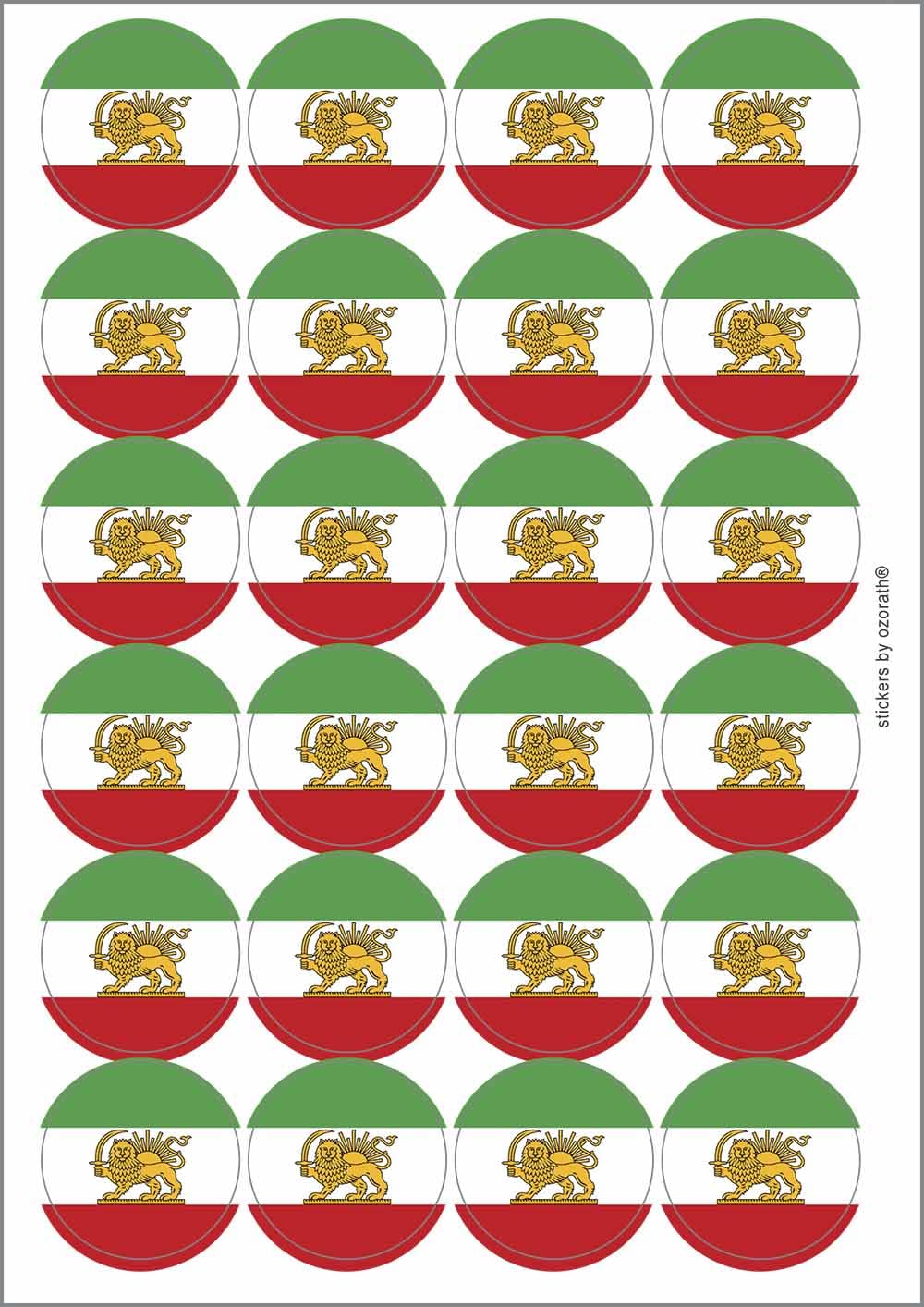 Iran Royal Persian Lion Flag Circular Matt Paper Stickers A4 Sheet of 24 (Each Sticker is 45mm Diameter)