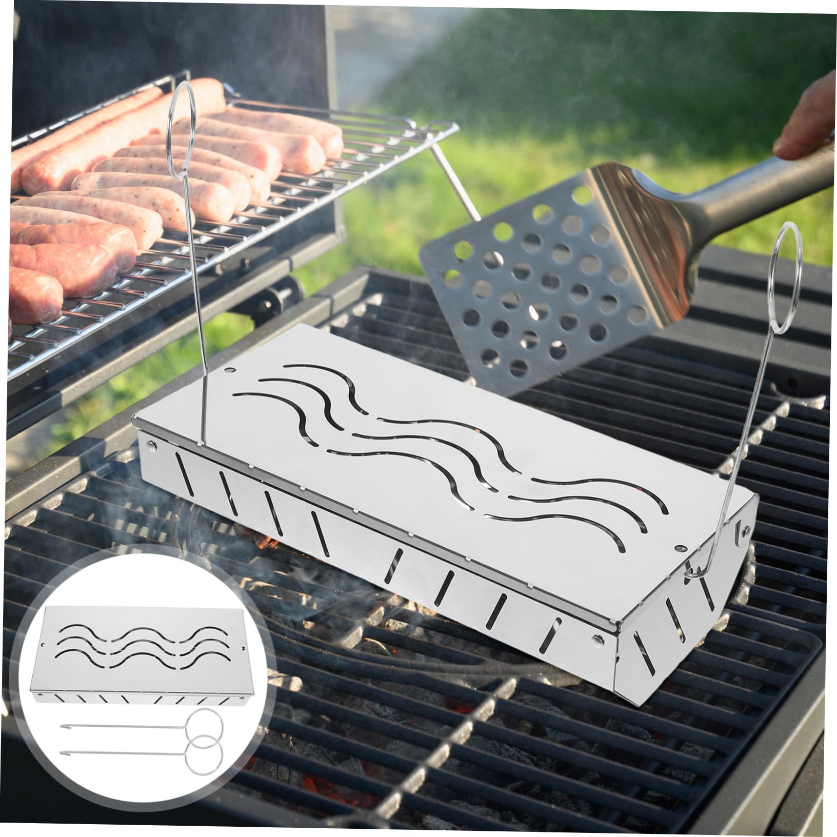 Edelstahl Räucherbox für Grillfleisch und Fisch Elektrogrill Zubehör mit Deckel Tragbar und Leicht Platzierbar für Grillen und Outdoor Kochen