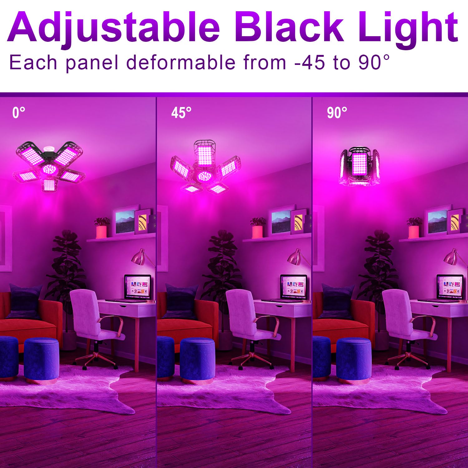TENDIST Deformable LED Black Light 100W, Blacklight with Plug and Switch, Black Lighting for Glow Party, Purple Neon UV Lamp Bulb Lightbulb for Halloween Decor, Bedroom, Tapestry (13'', Count, 4)