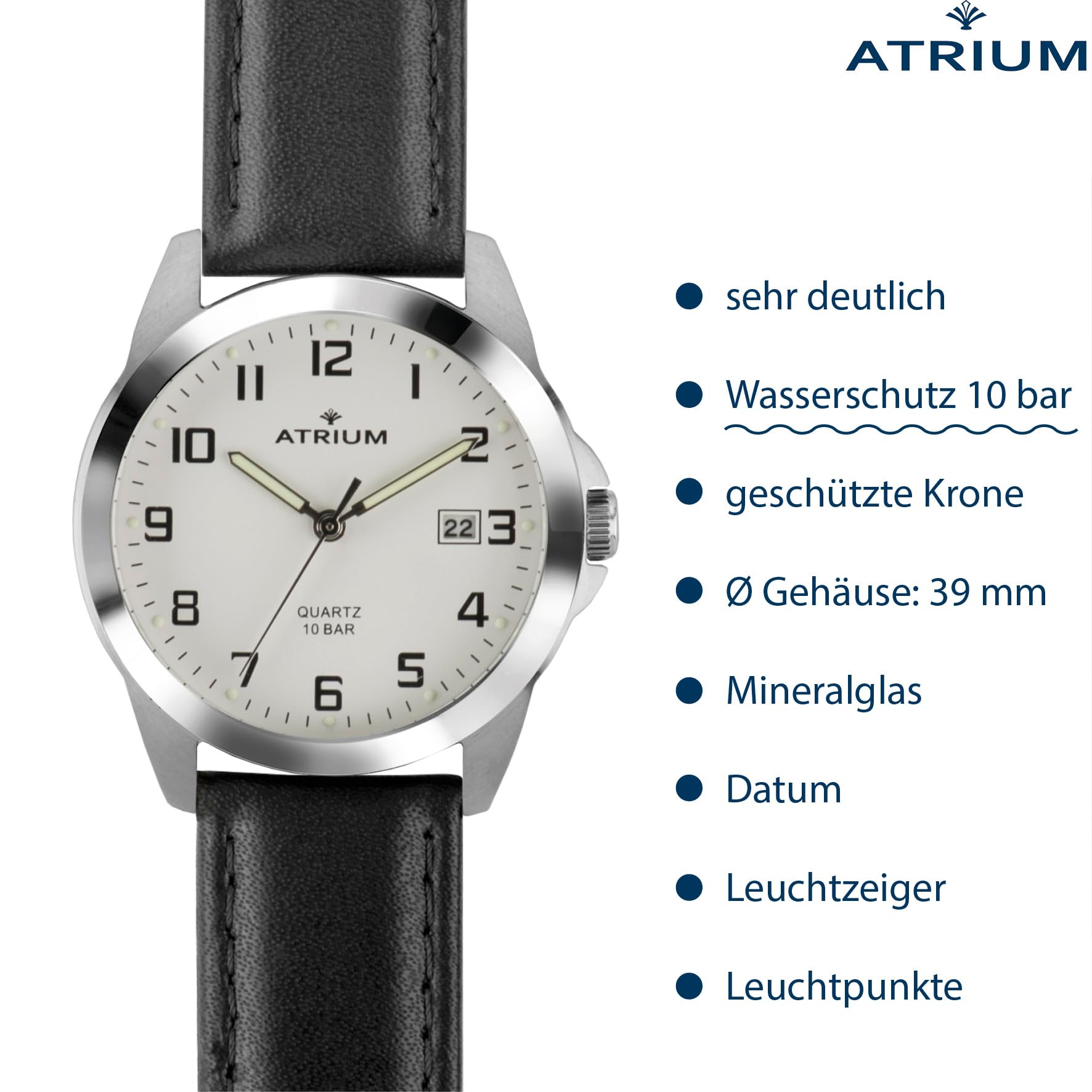 Atrium Herren-Armbanduhr Edelstahl Analog Quarz 10 bar mit Datum, Leuchtzeiger, sehr deutliches Zifferblatt Weiß und Lederband schwarz A16-10