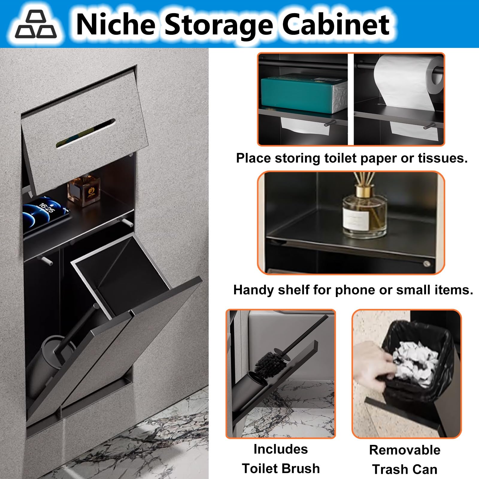 Nicho de pared para baño, cubo de basura oculto 4 en 1 y estante de almacenamiento de caja de pañuelos, gabinete dispensador de papel higiénico empotrado, ahorro de espacio