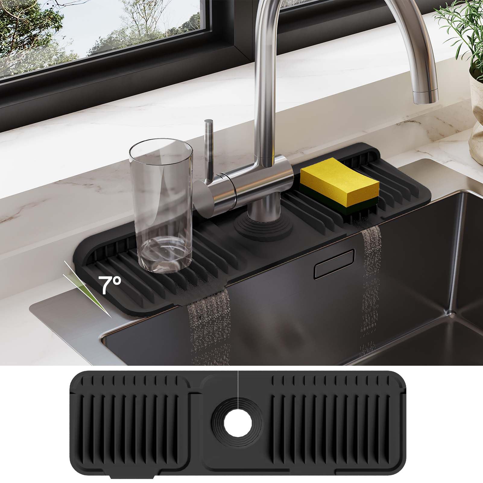 18 Inch Silicone Faucet Mat for Kitchen Sink Splash Guard – 2025 Upgraded Draining Mat with Water Tray Behind Faucet – Countertop Protectors to Catch Spills (Black, 17.7" x 5.5" )