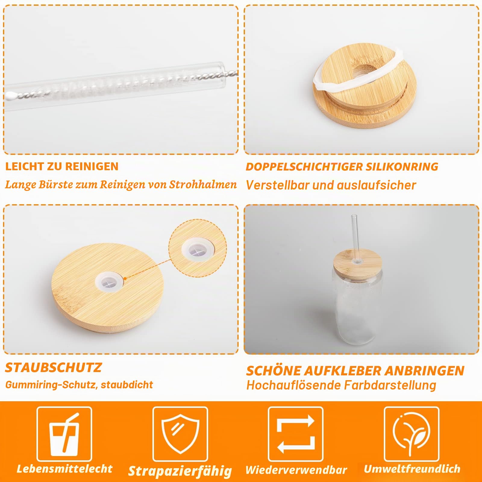 WISIMMALL Trinkgläser mit Bambusdeckel und Glasstrohhalm, 2-teiliges Set, 473 ml, dosenförmige Glasbecher mit Deckel und Strohhalmen, Biergläser, Eiskaffeegläser, Limonade, Geschenk, 1