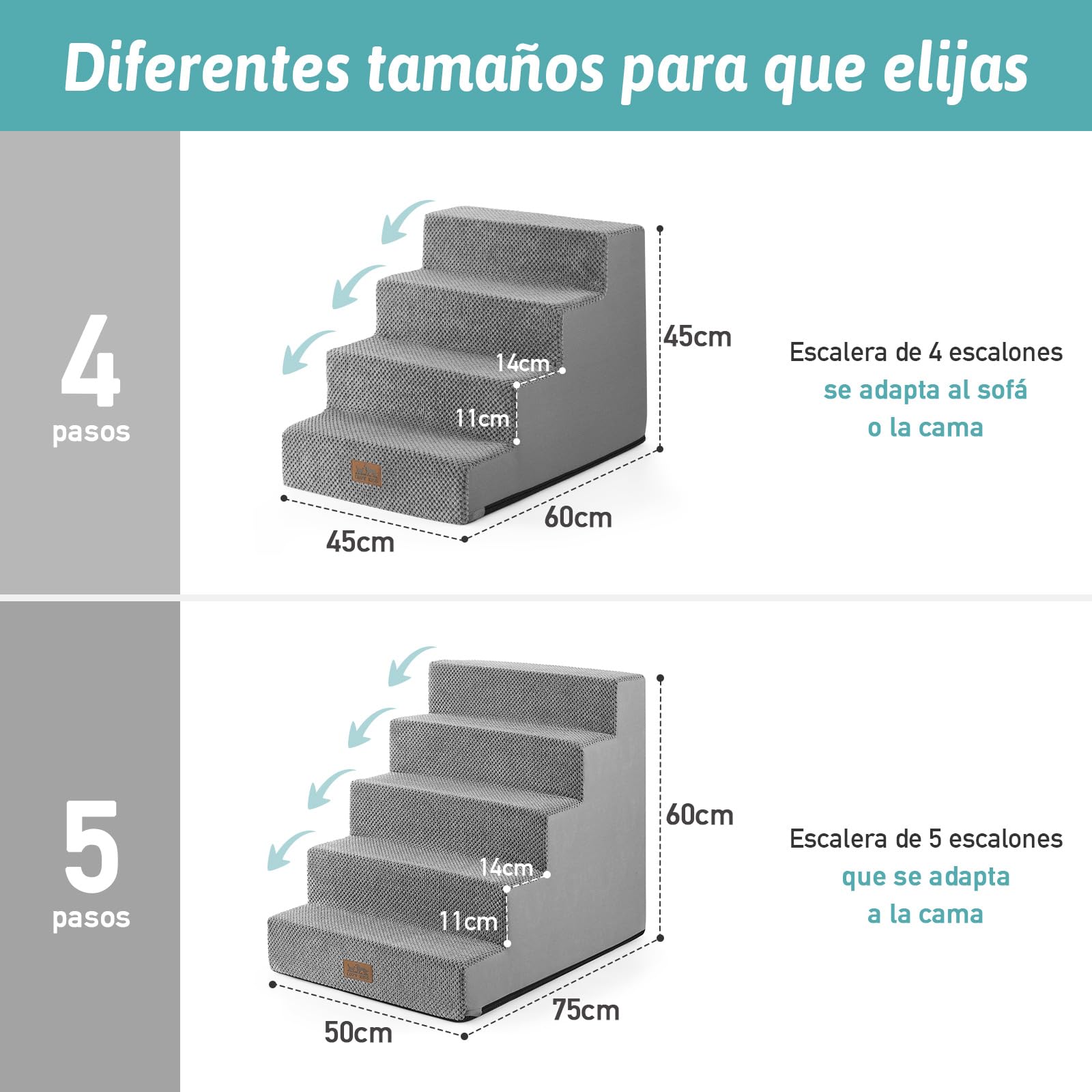 COZY KISS Escalera para Perros Pequeños 50 cm de Ancho, Escalera para Mascotas para Cama Sofá con Funda Lavable, Escalera para Gatos de Espuma de Alta Densidad (Gris, 75x50x60cm, 5)