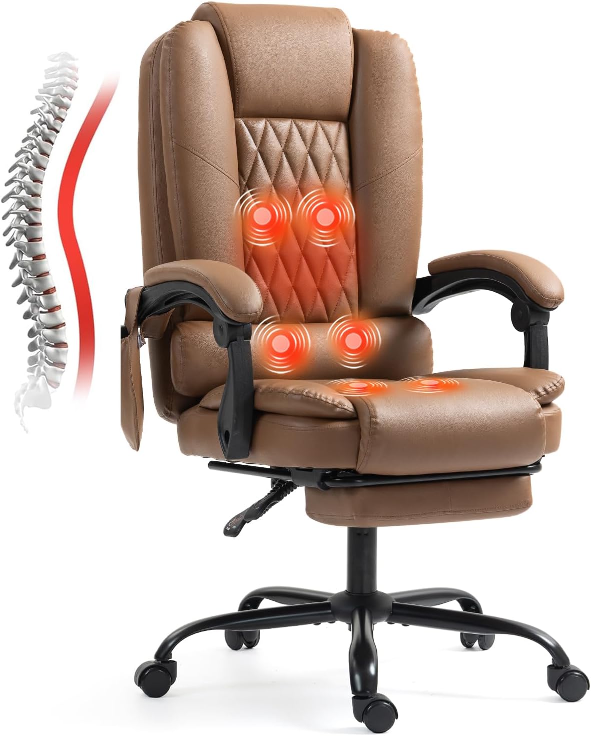 6-Point Heated Massage Office Chair with Footrest, Ergonomic Home Desk Chair with Lumbar Support, Executive High Back PU Leather Computer Chair with Armrest & Reclining, Black
