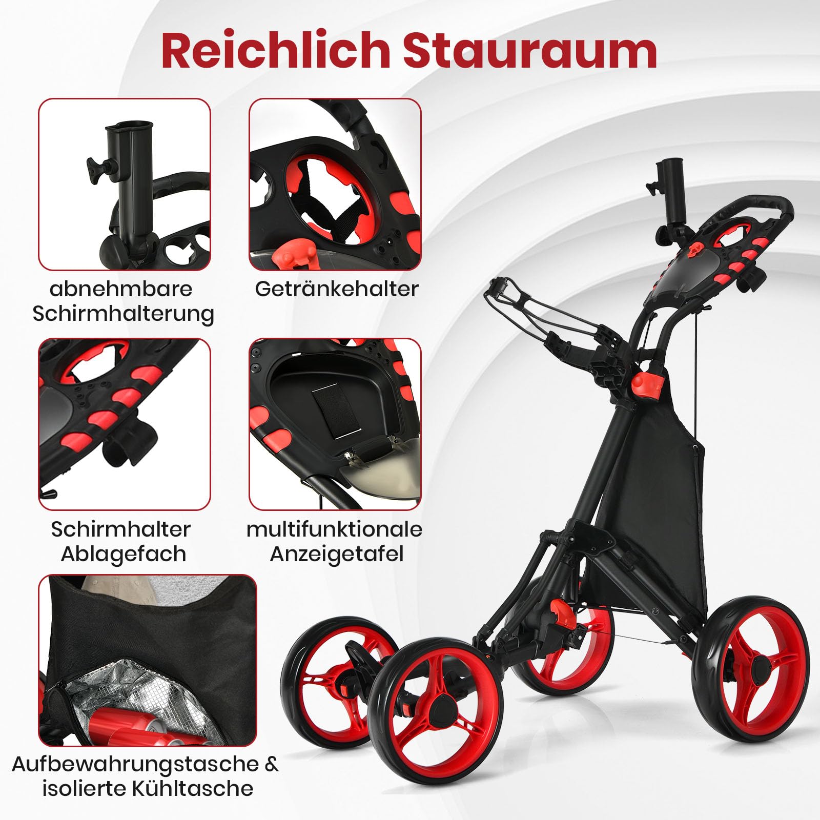 GOPLUS Wózek golfowy, 4 koła z regulowanym uchwytem, hamulec nożny, wózek golfowy, składany, z uchwytem na kartę wyników, parasol i napoje, torba do przechowywania, Golf Caddy Golf Push Cart