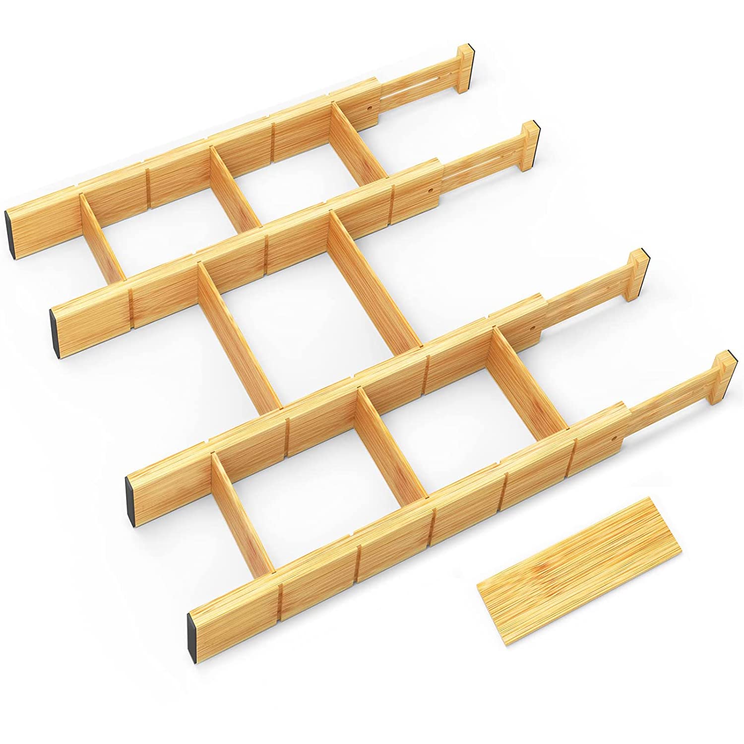 Angju Bamboo Drawer Dividers with Inserts, Kitchen Adjustable Drawer Organizers, Expandable Organization for Home, Office, Dressers and Bathroom, 4 Divider with 9 Insert