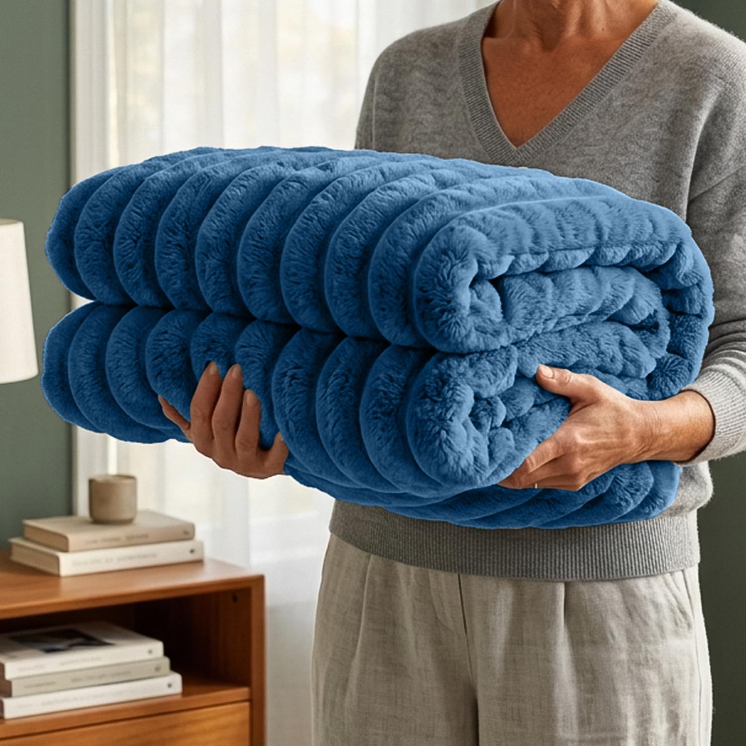 Casabella Navy Throw Blanket - Ribbed Fleece Blanket - Soft Fluffy, Warm & Cosy Sofa Throw - Large Fleece Blanket For Sofa Bed, Couch, Bedding - King Size 200X240